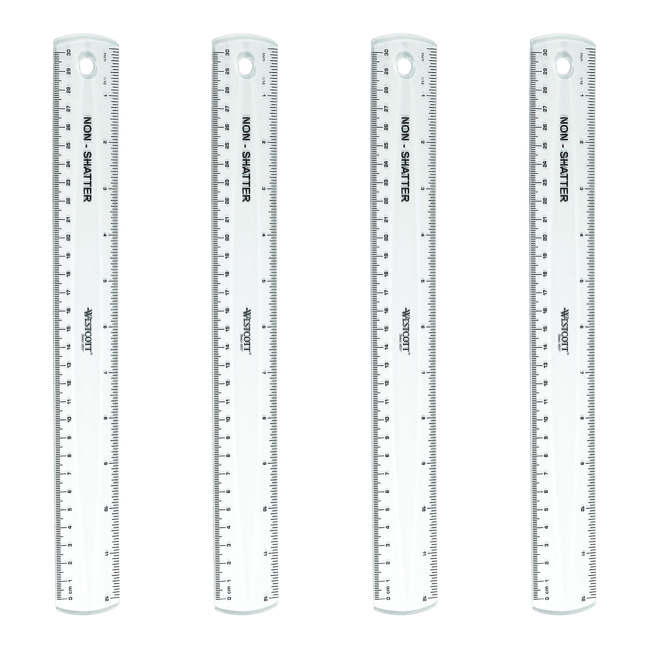 Westcott 12 Inch Shatterproof Rulers (4 Pack) For School, Home And Office, Transparent Measuring Tools In Centimeters And Inches