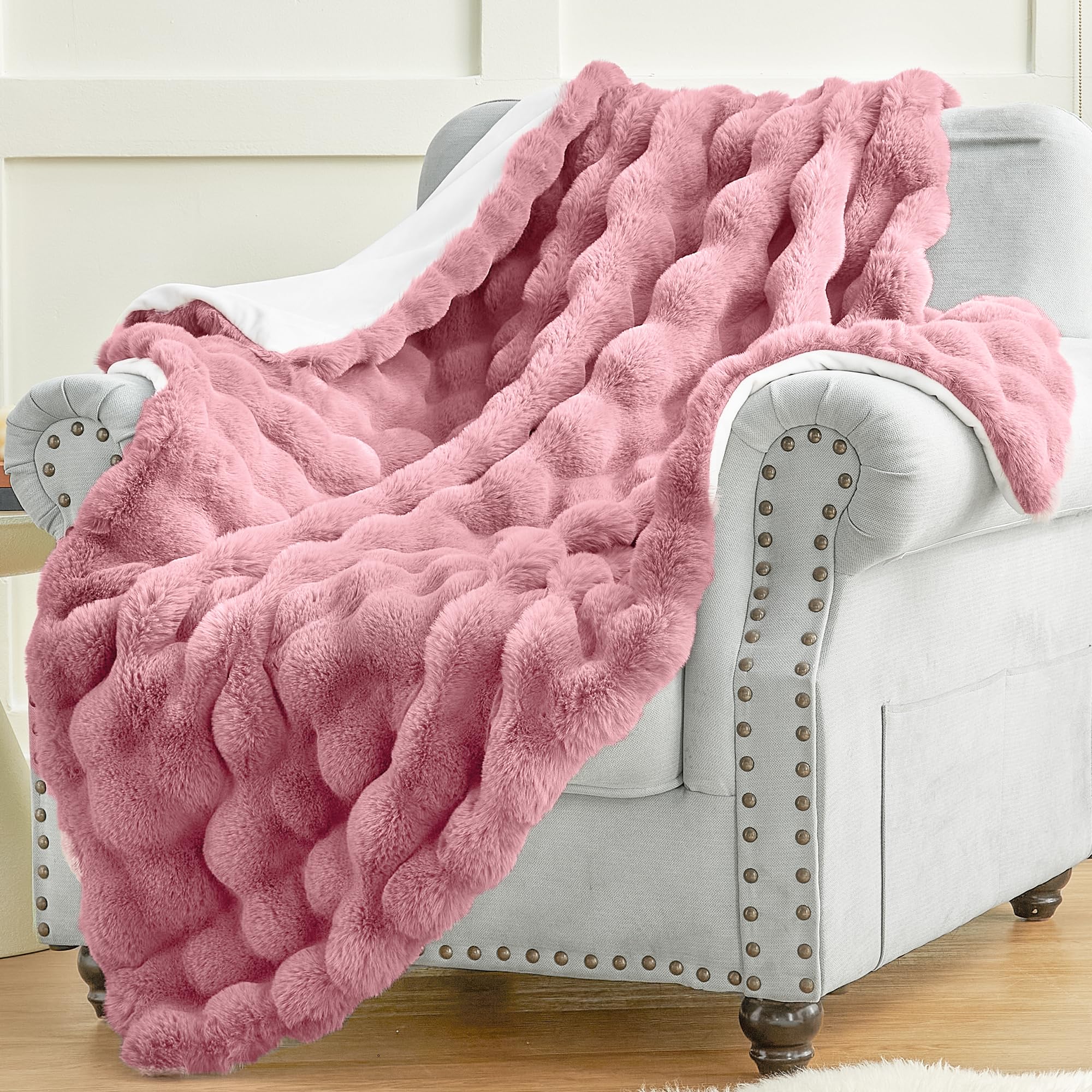 Plush & Plaid Faux Fur Throw Blanket For Couch Sofa, Fuzzy Soft Thick Bubble Blanket For Bedroom Living Room, 50 By 60 Inches, D