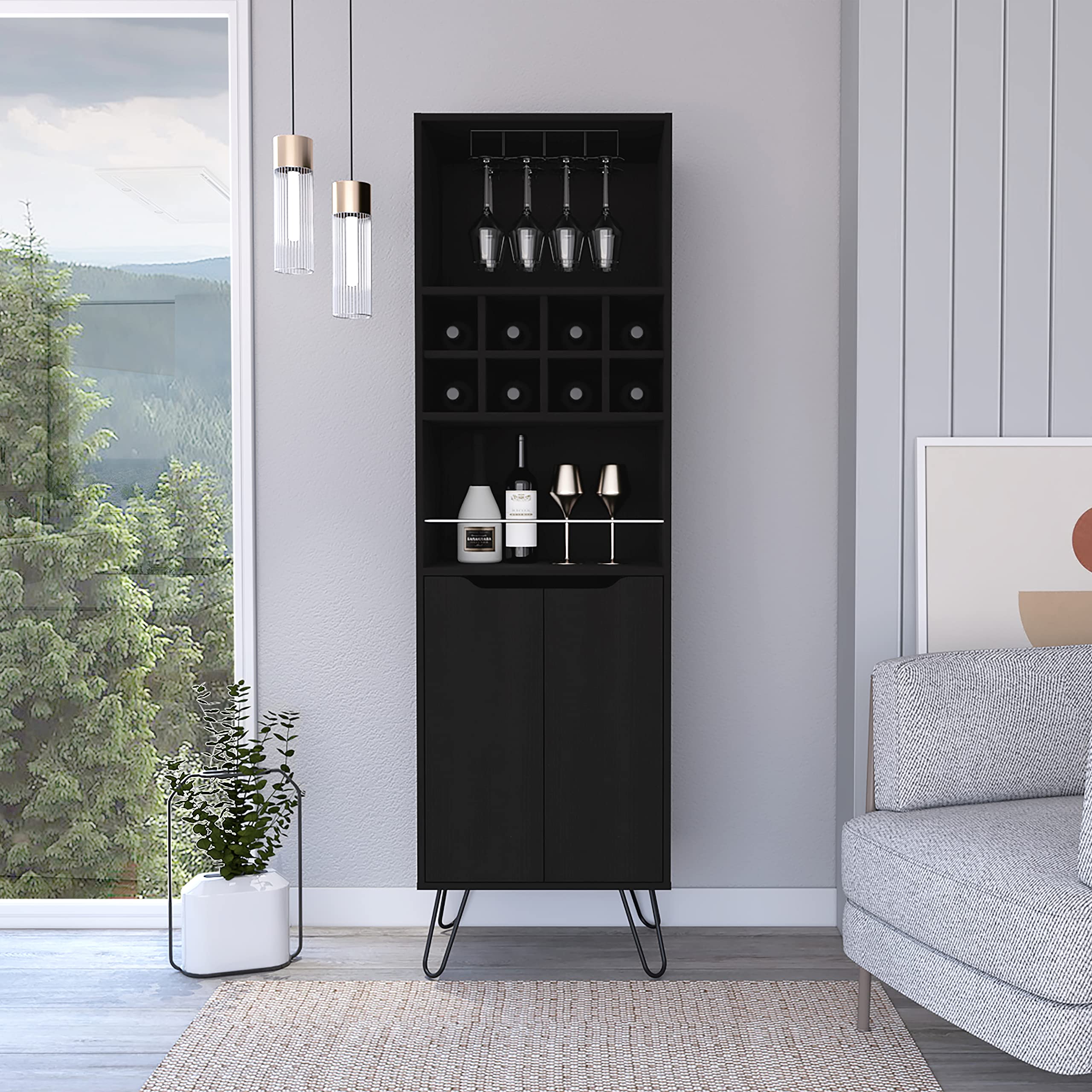 DEPOT E-SHOP Zamna H Bar Double Door Cabinet, 8 Built-in Wine Rack, 4 Legs, 4 Shelves, Black