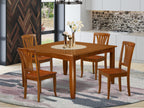 East West Furniture PFAV5-SBR-W 5 Piece Kitchen Table & Chairs Set Includes a Square Dining Room Table with Butterfly Leaf and 4 Solid Wood Seat Chairs, 54x54 Inch, Saddle Brown