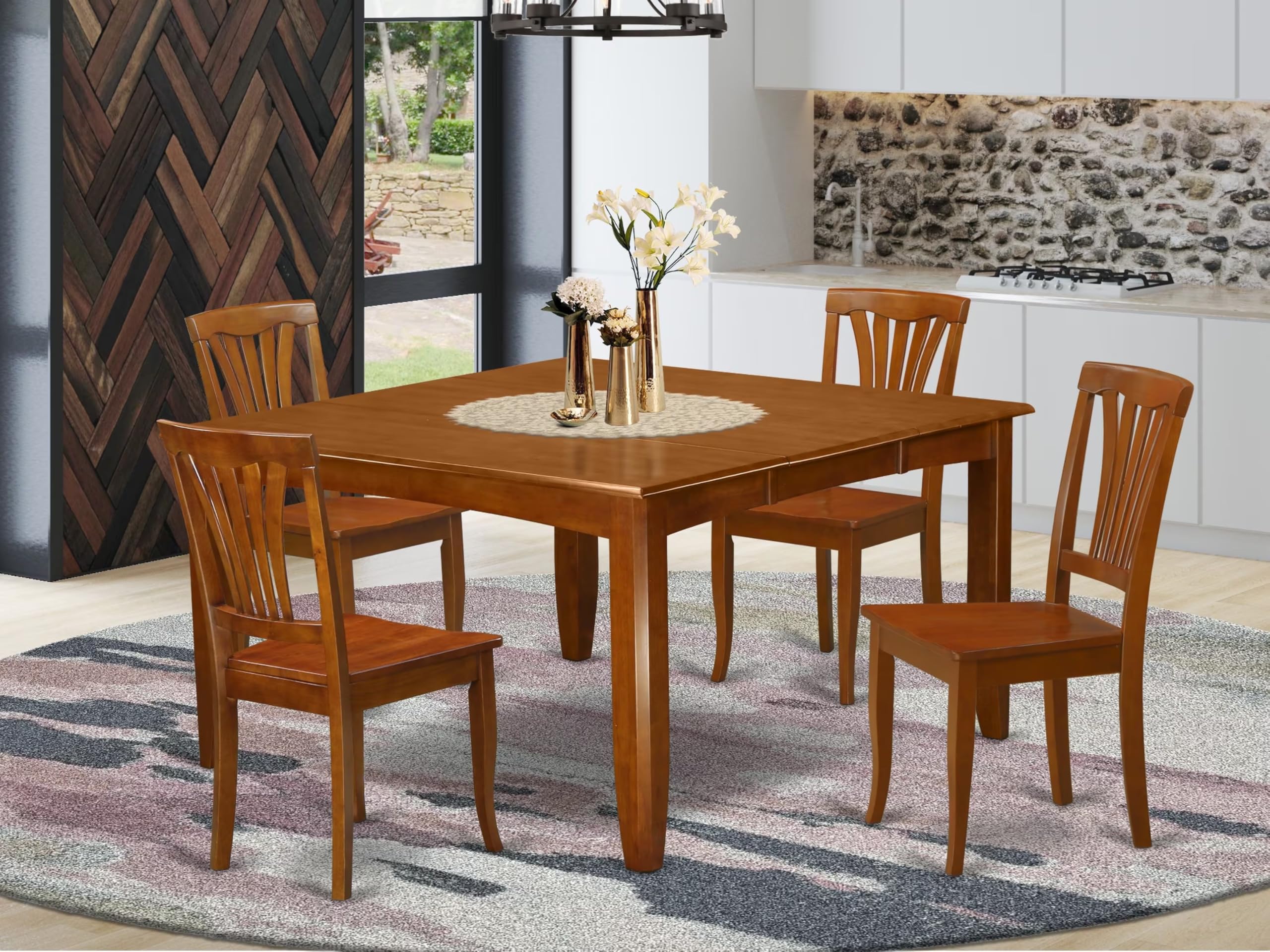 East West Furniture PFAV5-SBR-W 5 Piece Kitchen Table & Chairs Set Includes a Square Dining Room Table with Butterfly Leaf and 4 Solid Wood Seat Chairs, 54x54 Inch, Saddle Brown