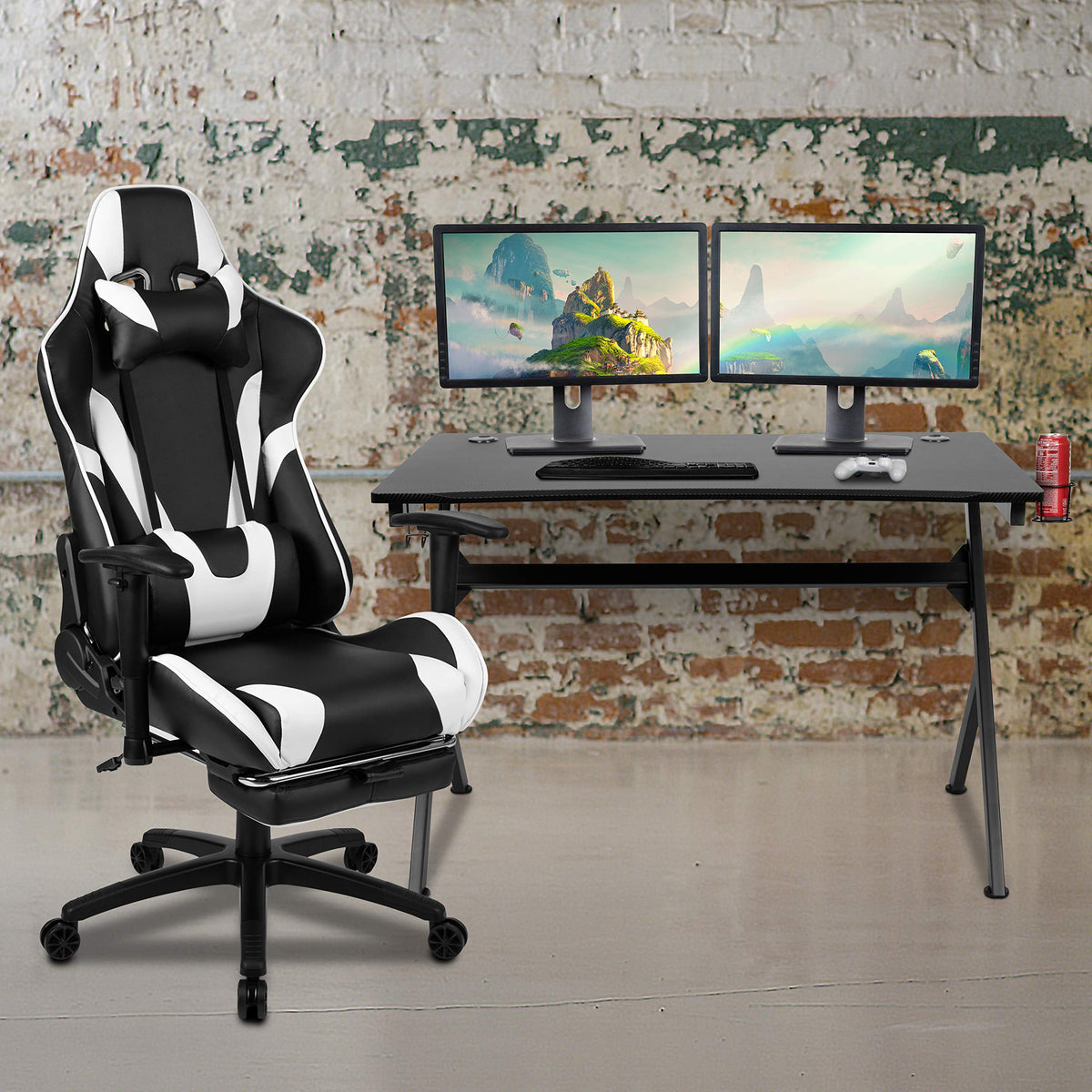 Flash Furniture Optis Black Gaming Desk And Black Footrest Reclining Gaming Chair Set With Cup Holder, Headphone Hook & 2 Wire Management Holes