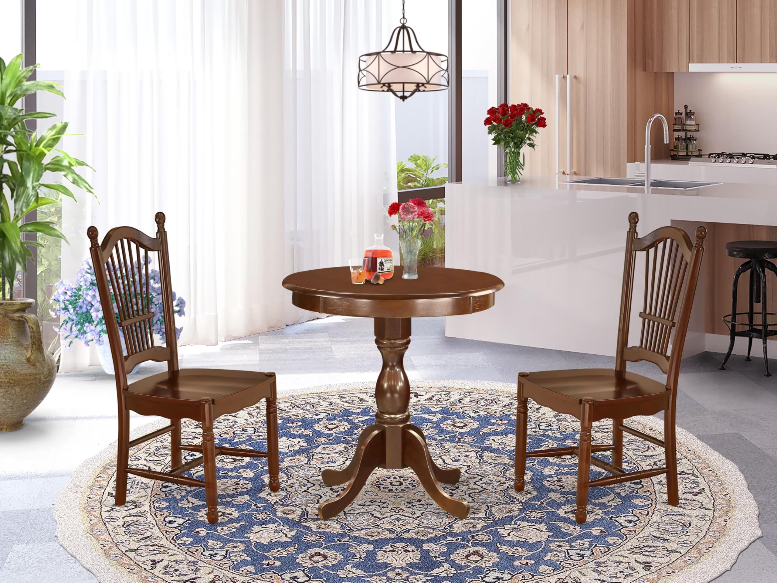 East West Furniture Esdo3-Mah-W Eden 3 Piece Set For Small Spaces Contains A Round Dining Room Table With Pedestal And 2 Wood Seat Chairs, 30X30 Inch, Mahogany