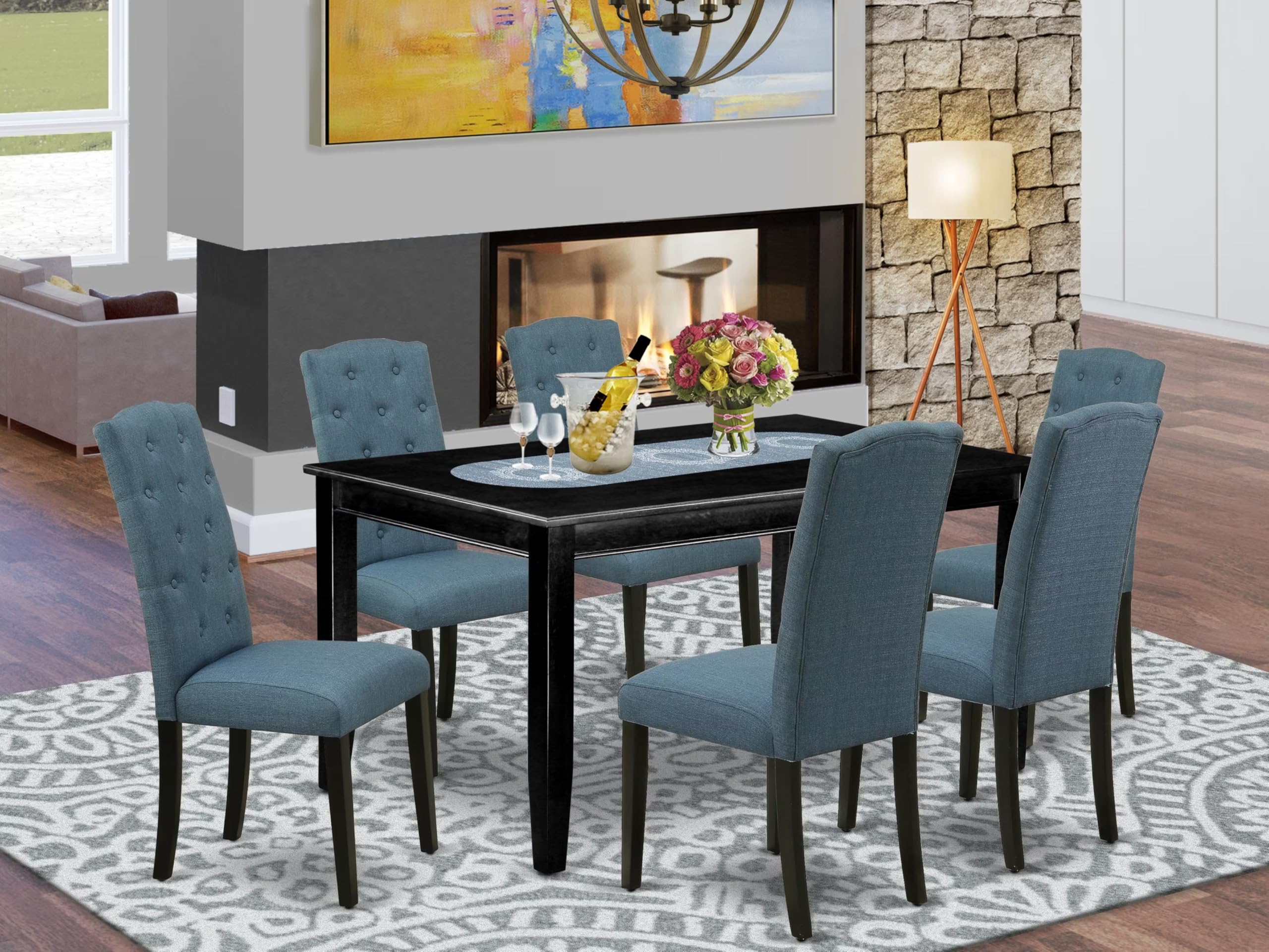 East West Furniture Duce7-Blk-21 7 Piece Dining Table Set Consist Of A Rectangle Kitchen Table And 6 Mineral Blue Linen Fabric Parson Dining Chairs, 36X60 Inch, Black