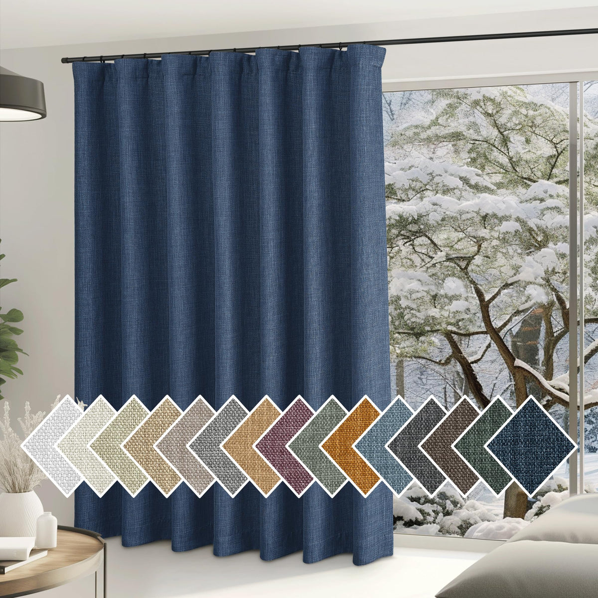 Nicetown Navy Blue Curtains For Sliding Glass Door, Rod Pocket/Back Tab/Hook Belt Faux Linen Thermal Window Drape Privacy Room D