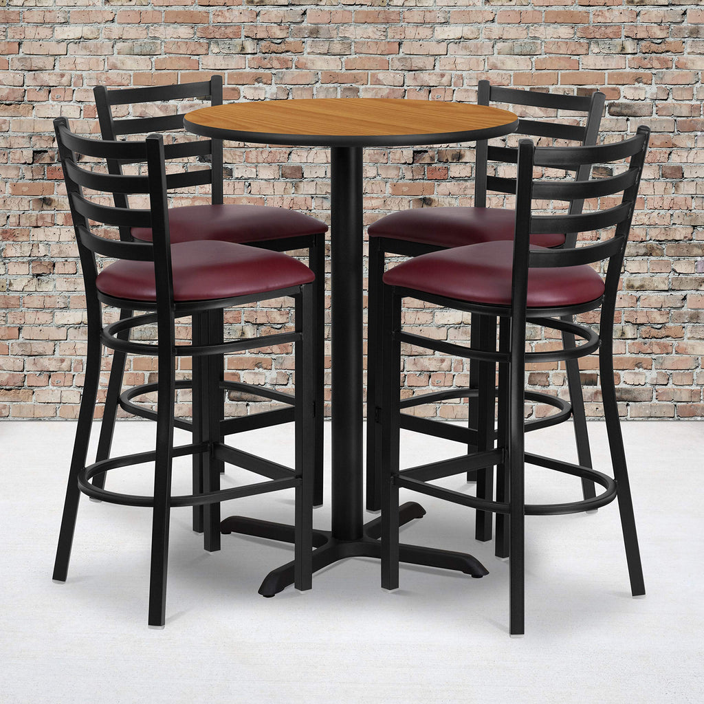 Flash Furniture 30'' Round Natural Laminate Table Set with X-Base and 4 Ladder Back Metal Barstools - Burgundy Vinyl Seat