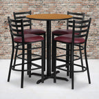 Flash Furniture 30'' Round Natural Laminate Table Set with X-Base and 4 Ladder Back Metal Barstools - Burgundy Vinyl Seat