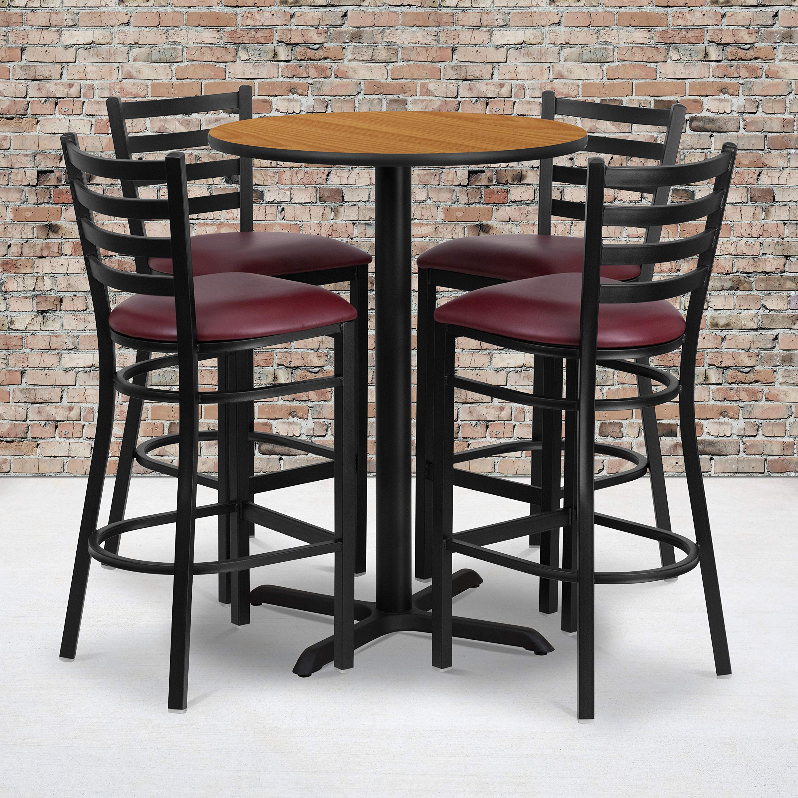 Flash Furniture 30'' Round Natural Laminate Table Set with X-Base and 4 Ladder Back Metal Barstools - Burgundy Vinyl Seat