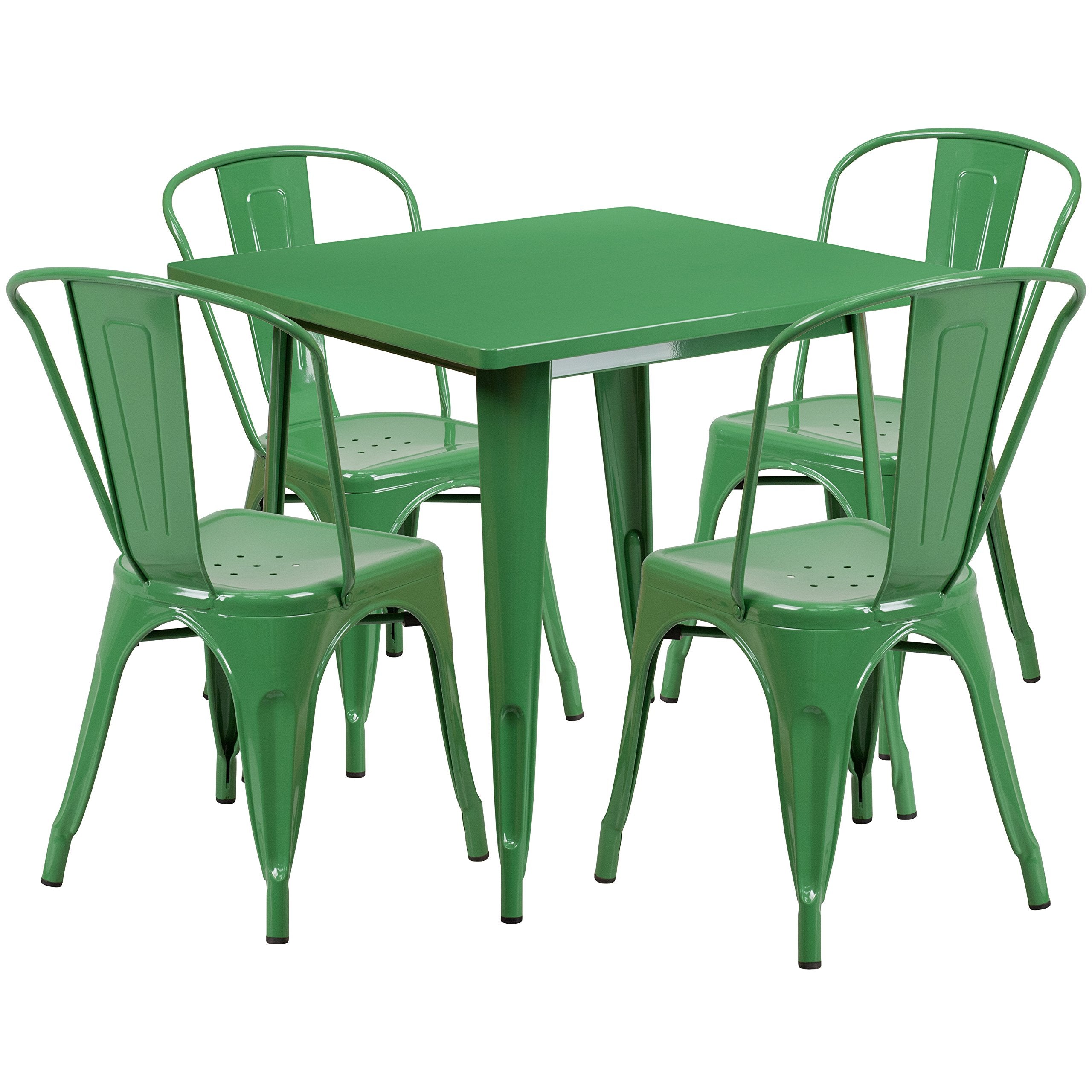 Flash Furniture Commercial Grade 31.5' Square Green Metal Indoor-Outdoor Table Set With 4 Stack Chairs