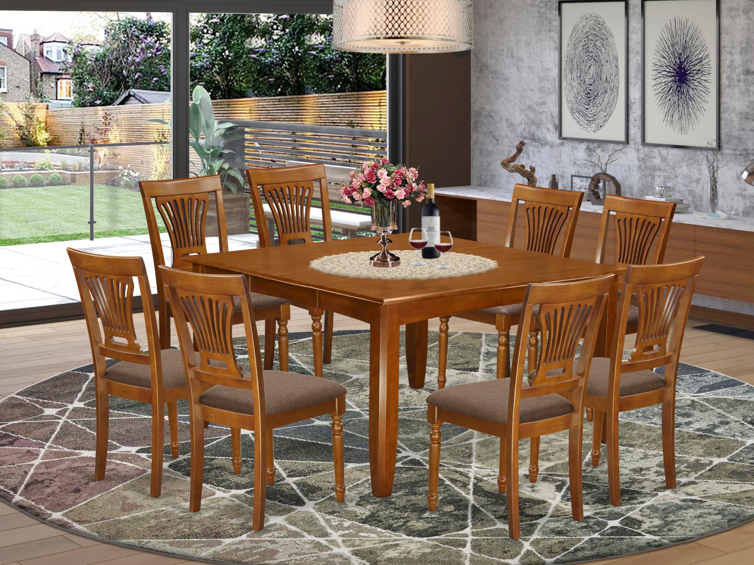 East West Furniture PFPL9-SBR-C 9 Piece Dining Table Set Includes a Square Wooden Table with Butterfly Leaf and 8 Linen Fabric Dining Room Chairs, 54x54 Inch, Saddle Brown