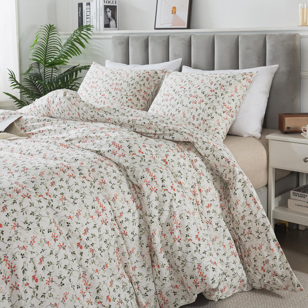Honeilife Duvet Dover King Size - 100% Cotton Comforter Cover Floral Duvet Cover Sets, Breathable Duvet Cover With Zipper Closur