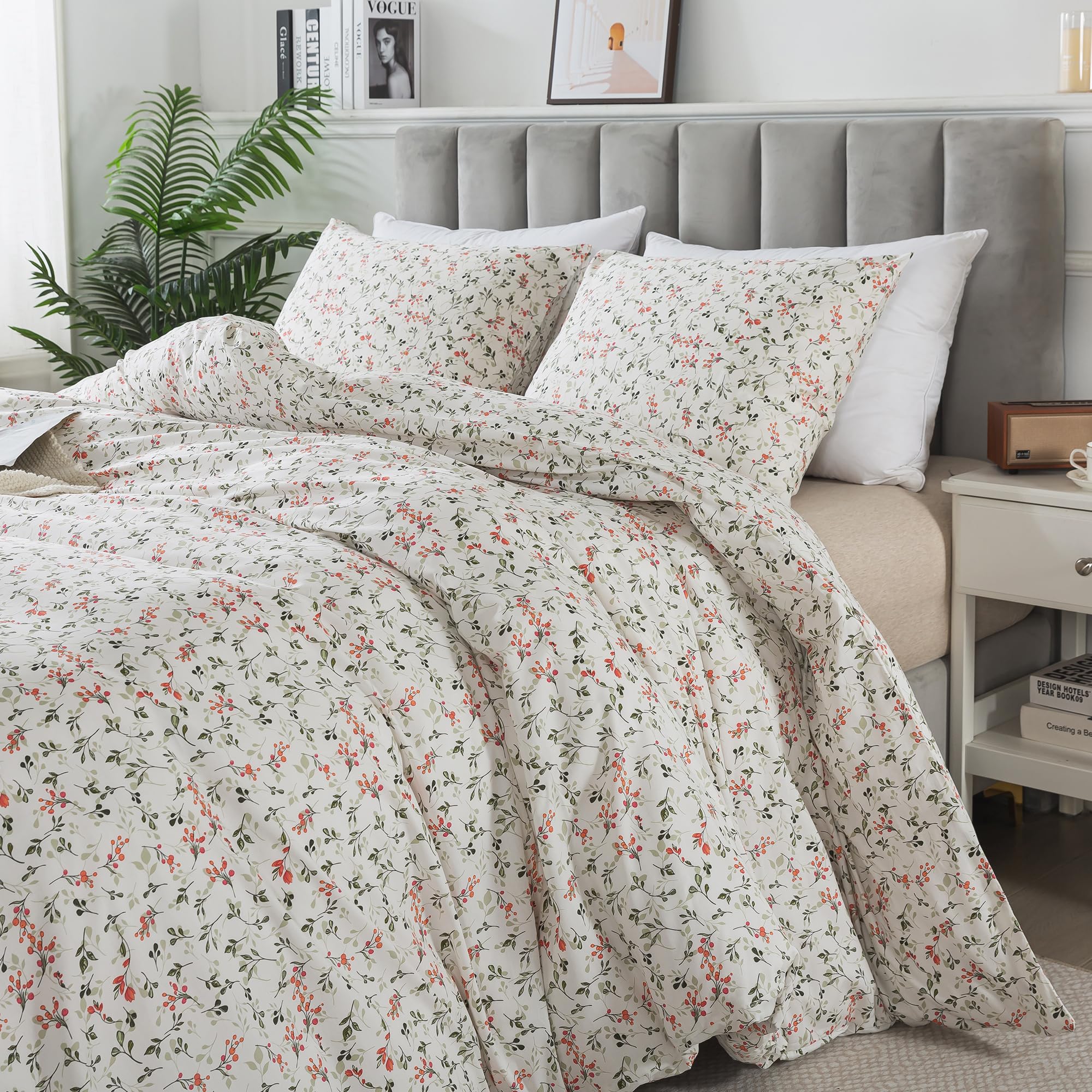 Honeilife Duvet Dover King Size - 100% Cotton Comforter Cover Floral Duvet Cover Sets, Breathable Duvet Cover With Zipper Closur