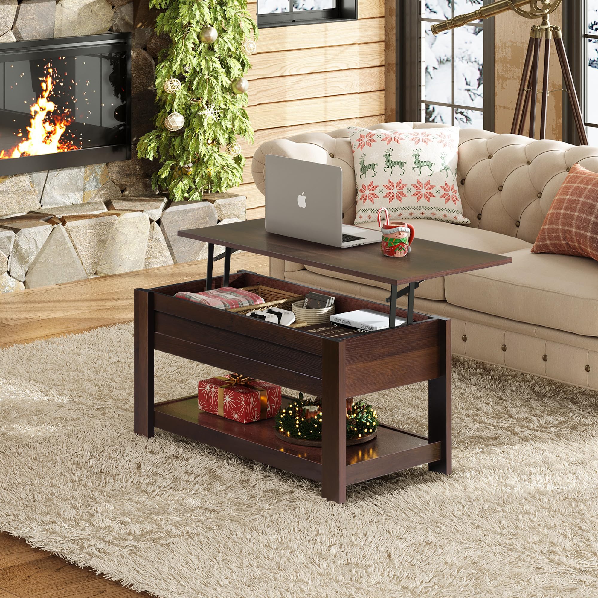 Wlive Coffee Table, 39' Lift Top Coffee Table With Hidden Compartment And Storage Shelf For Living Room, Red-Brown