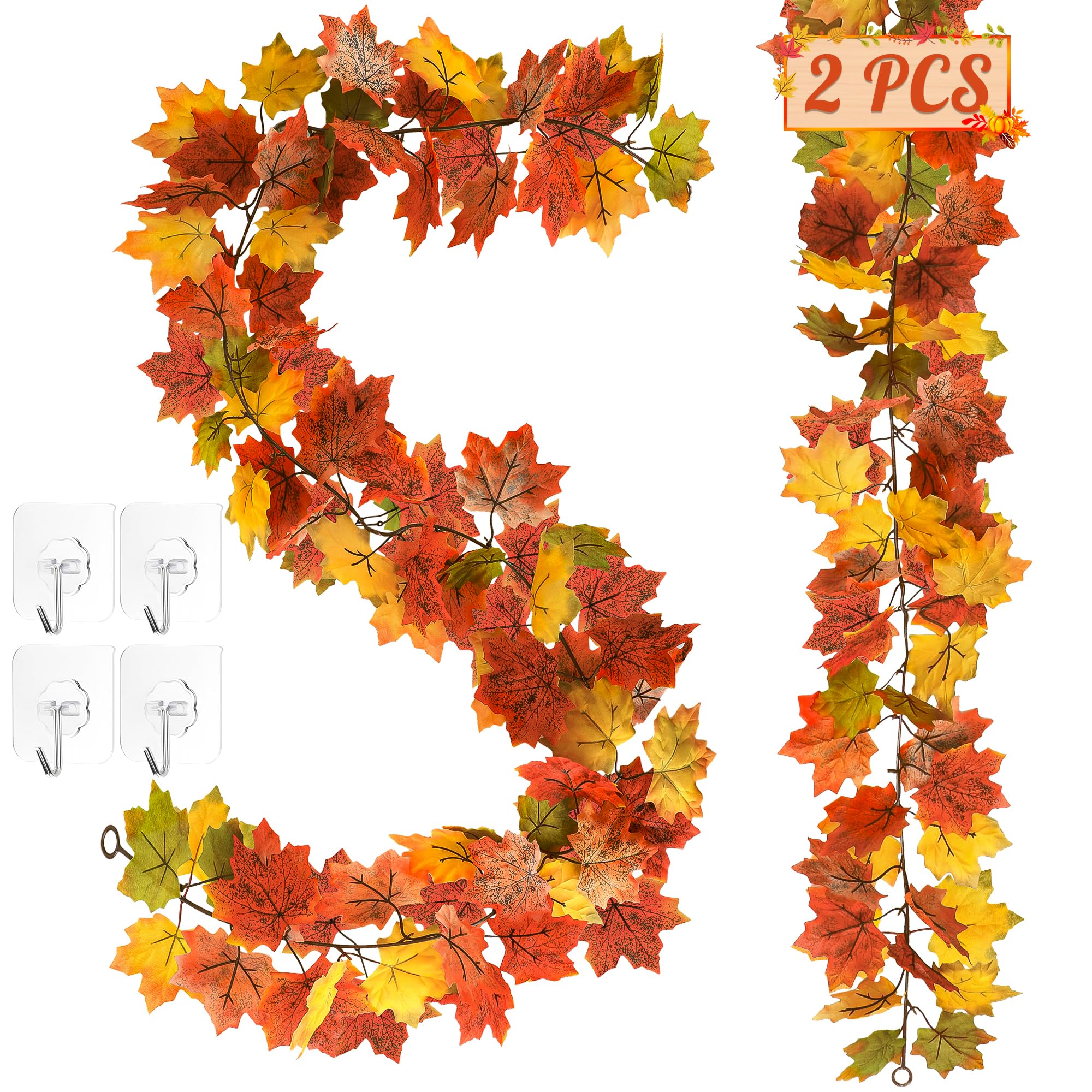2 Pack Fall Decor, 11.8FT Fall Garland for Mantle, Fall Decorations for Home, Fall Leaves Garland, Thanksgiving Garland, Artific