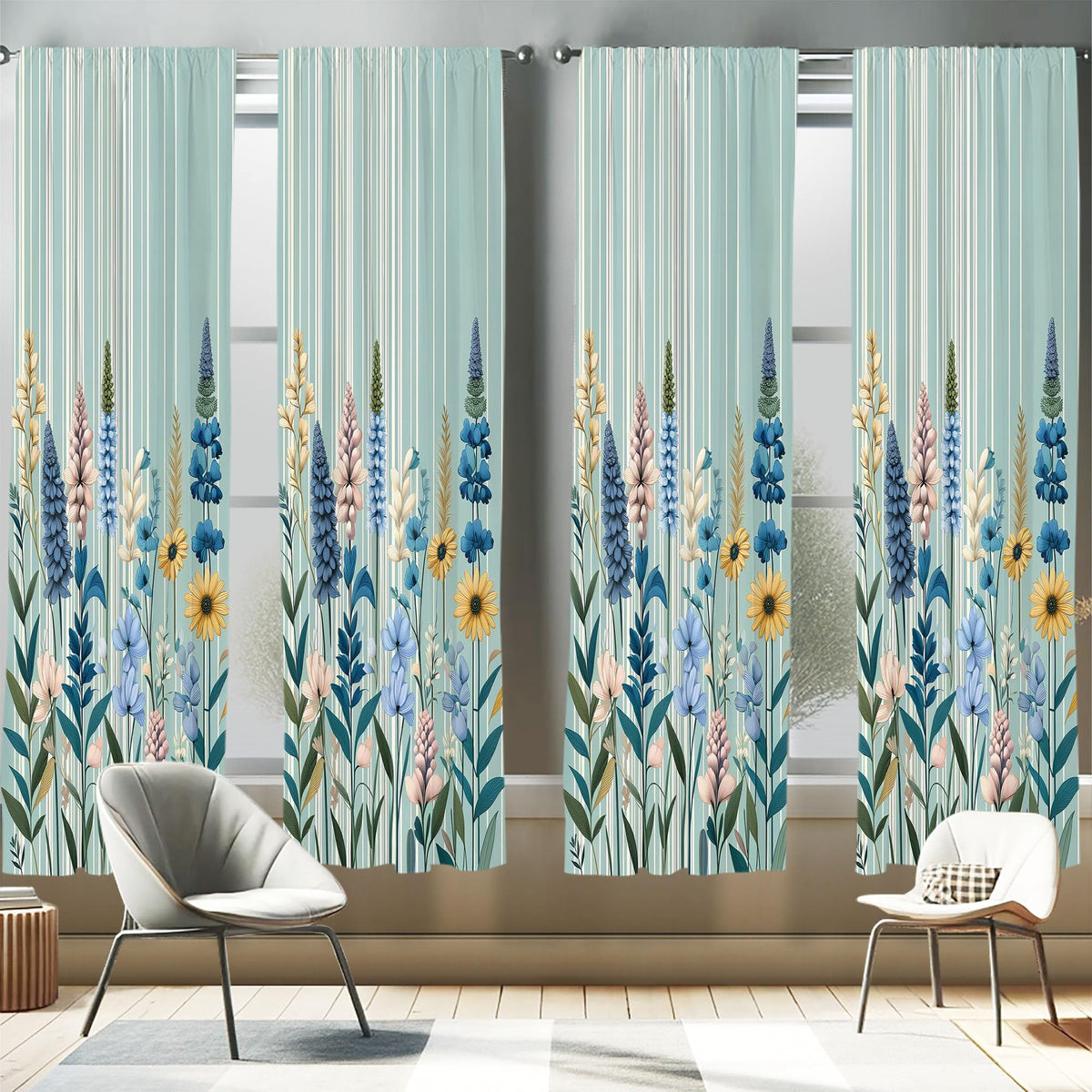 Ambesonne Spring Window Curtains Pack of 2, Modern Garden with Leafy Lavenders and Daisy Huddle with Boho Stripes, Lightweight S