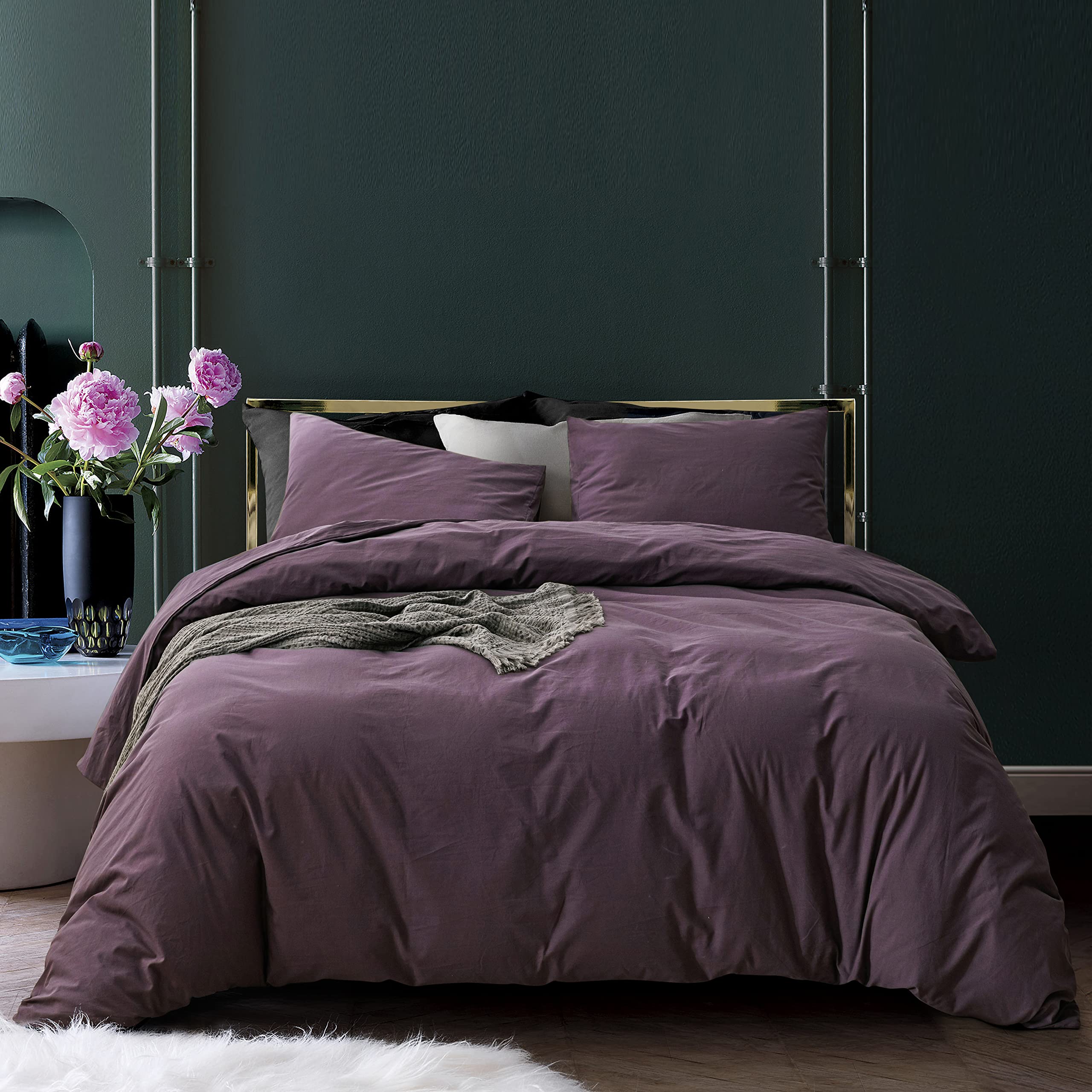 Ecocott Purple Duvet Cover Oversized King Size - 100% Washed Cotton Durable Soft Comfy Duvet Cover Set, 3 Pieces Duvet Cover Wit