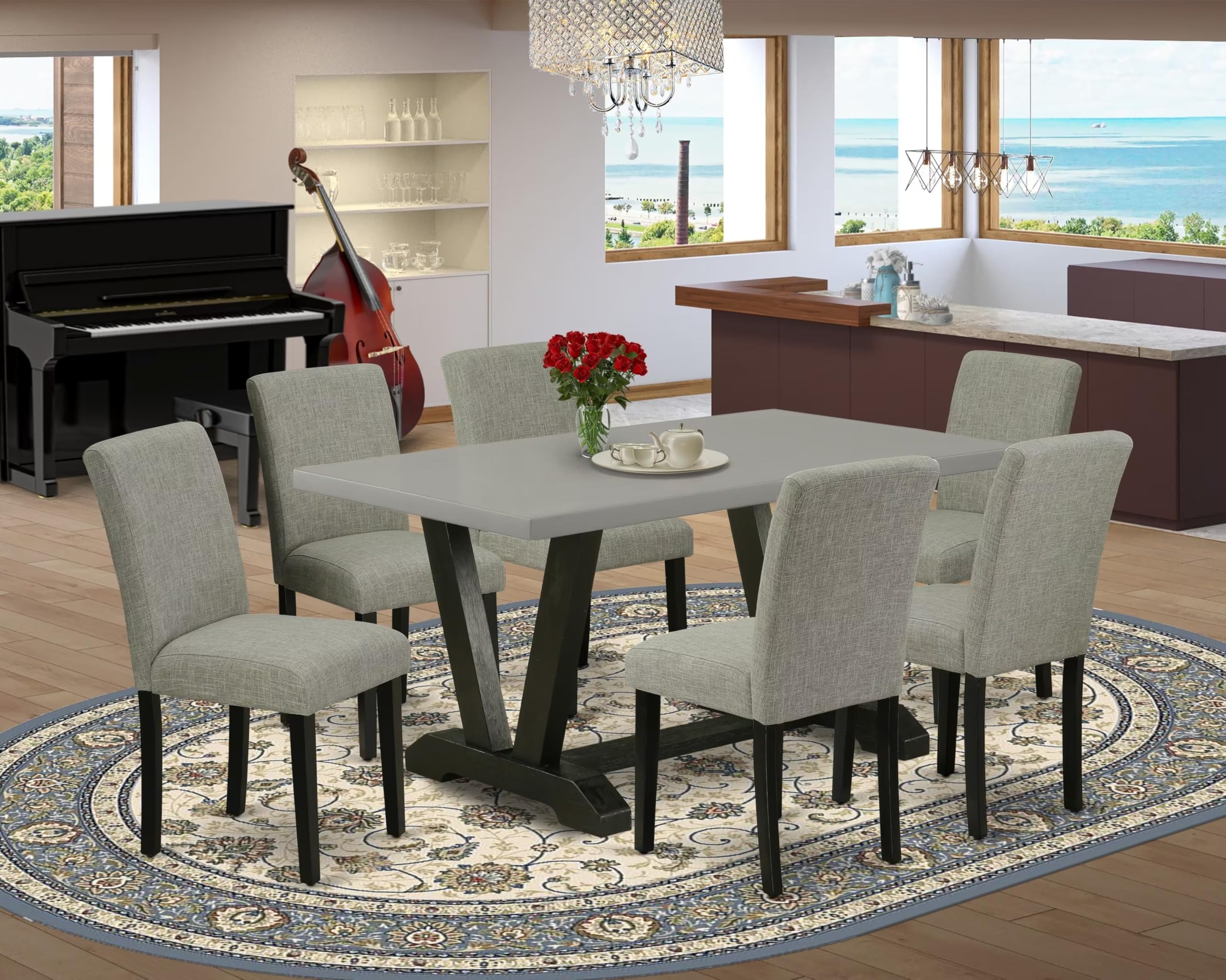 East West Furniture V-Style 7 Piece Set Consist Of A Rectangle Dining Room Table With V-Legs And 6 Shitake Linen Fabric Upholstered Chairs, 36X60 Inch, Multi-Color