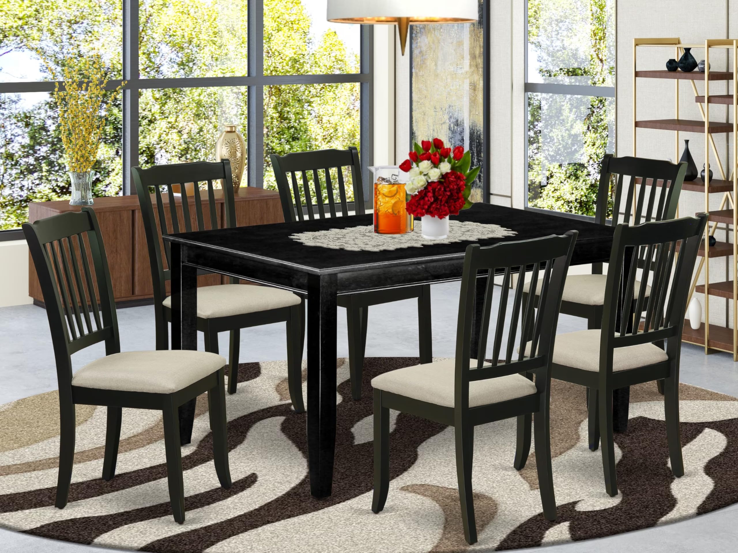 East West Furniture Duda7-Blk-C 7 Piece Kitchen Table Set Consist Of A Rectangle Dining Table And 6 Linen Fabric Dining Room Chairs, 36X60 Inch, Black