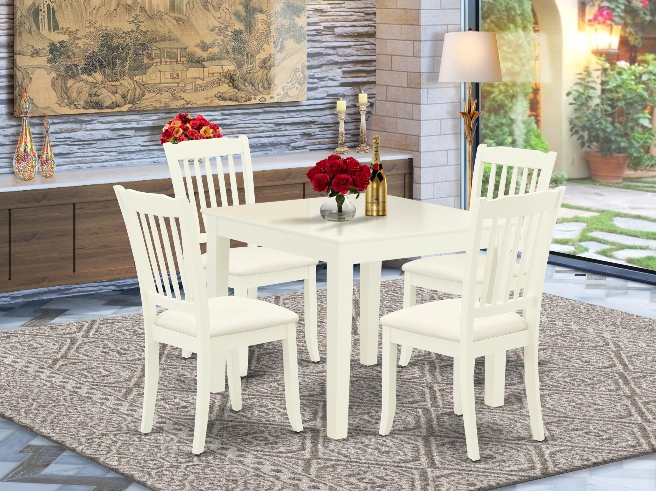 East West Furniture Oxda5-Lwh-C 5 Piece Dining Set Includes A Square Solid Wood Table And 4 Linen Fabric Kitchen Room Chairs, 36X36 Inch, Linen White