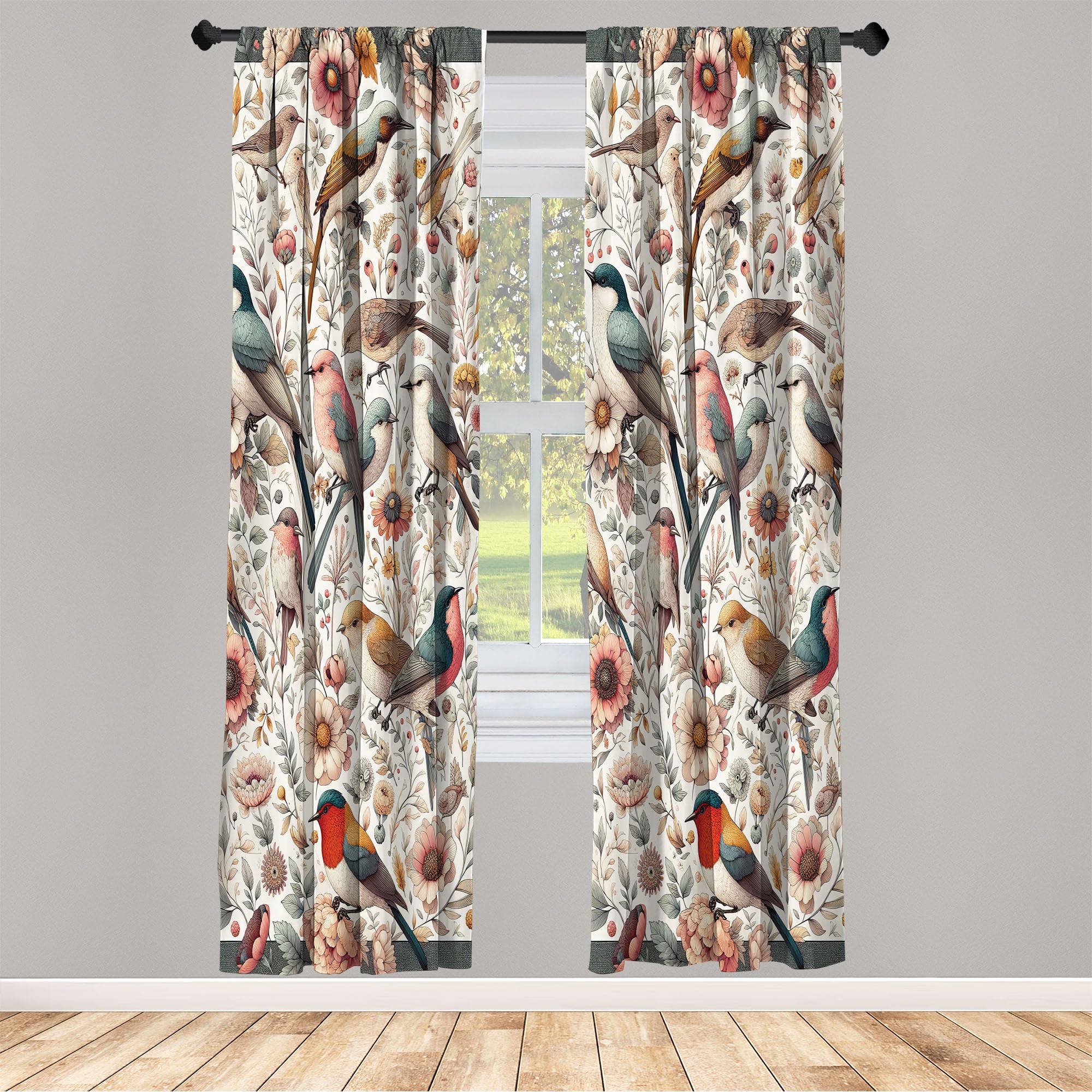 Ambesonne Birds And Nature Curtains, Delicate Spring Chill With Leafy Flowers With Wingy Animals, Window Treatments 2 Panel Set