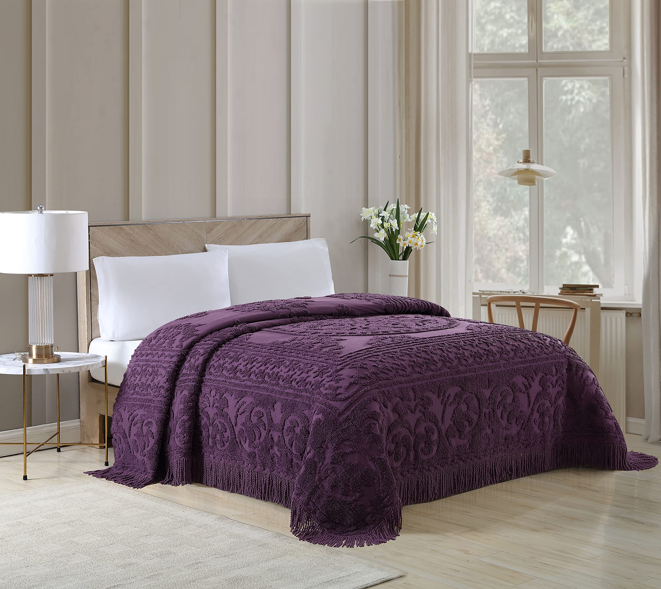 Beatrice Home Fashions Medallion Chenille Bedspread, Twin, Eggplant