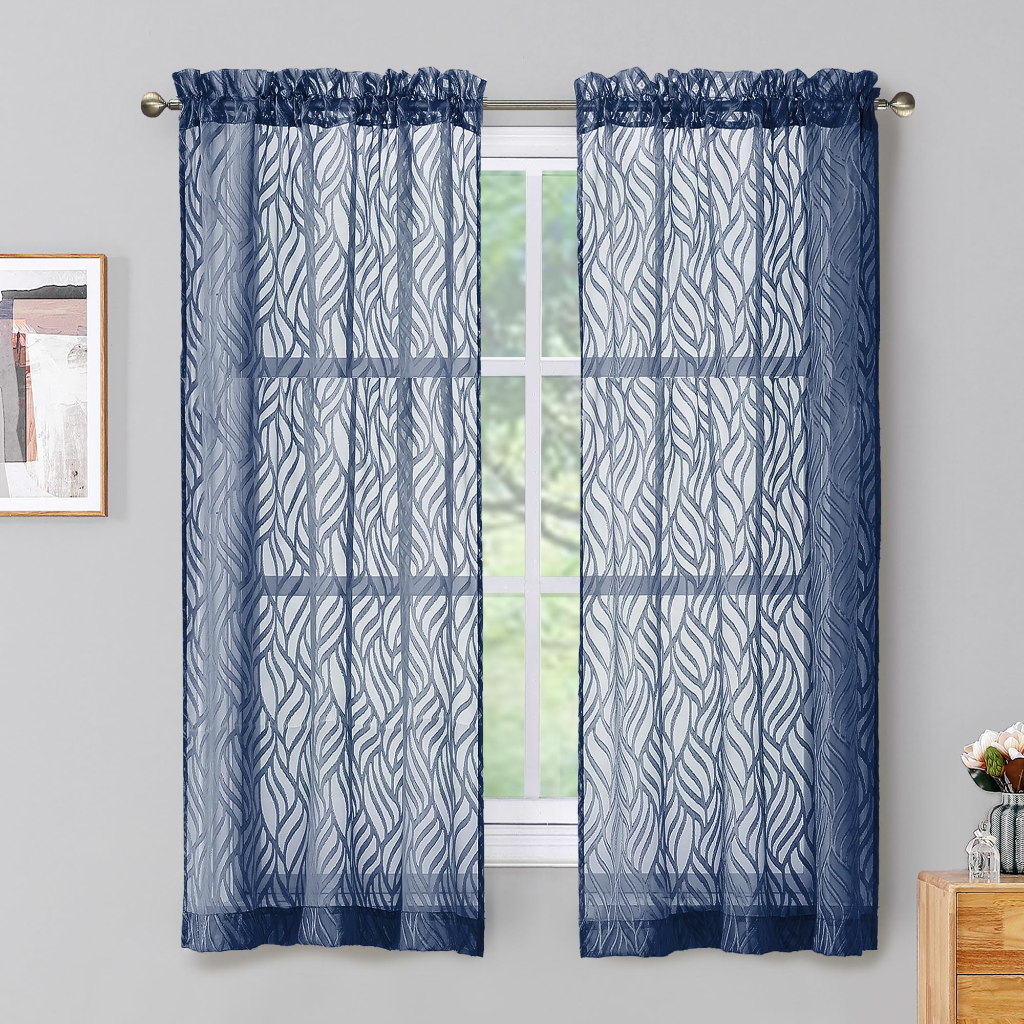 Chyhomenyc Marilyn Navy Blue Sheer Curtains 54 Inch Length For Bedroom, Light Filtering 3D Leaf Clip Jacquard Textured Rod Pocke