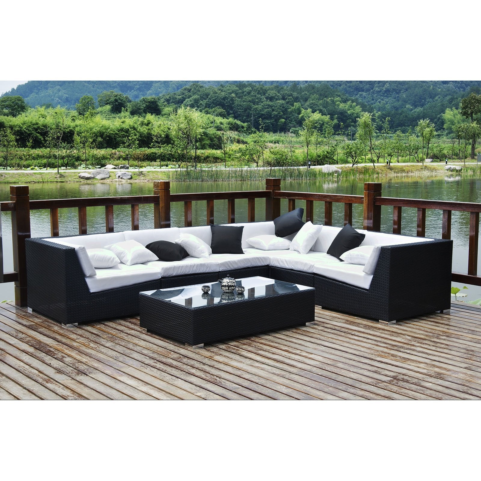 Lexmod Dreamscape 7-Piece Outdoor Wicker Patio Sectional Sofa Set, Espresso White