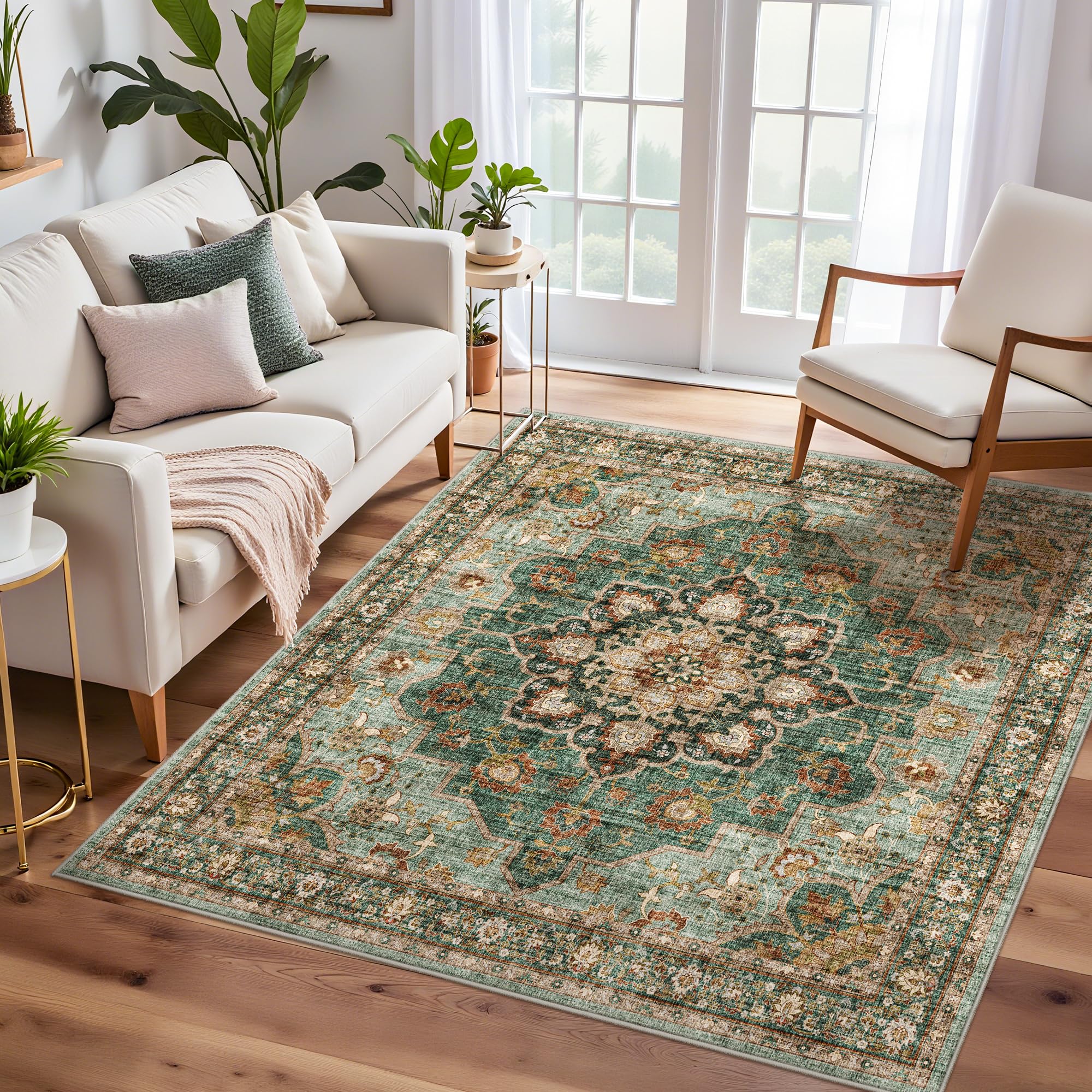 TOPRUUG Green Washable Entry Rug - 4x4 Area Rugs for Kitchen Bedroom Bedside Bathroom Entryway Non Slip with Rubber Backing Low 