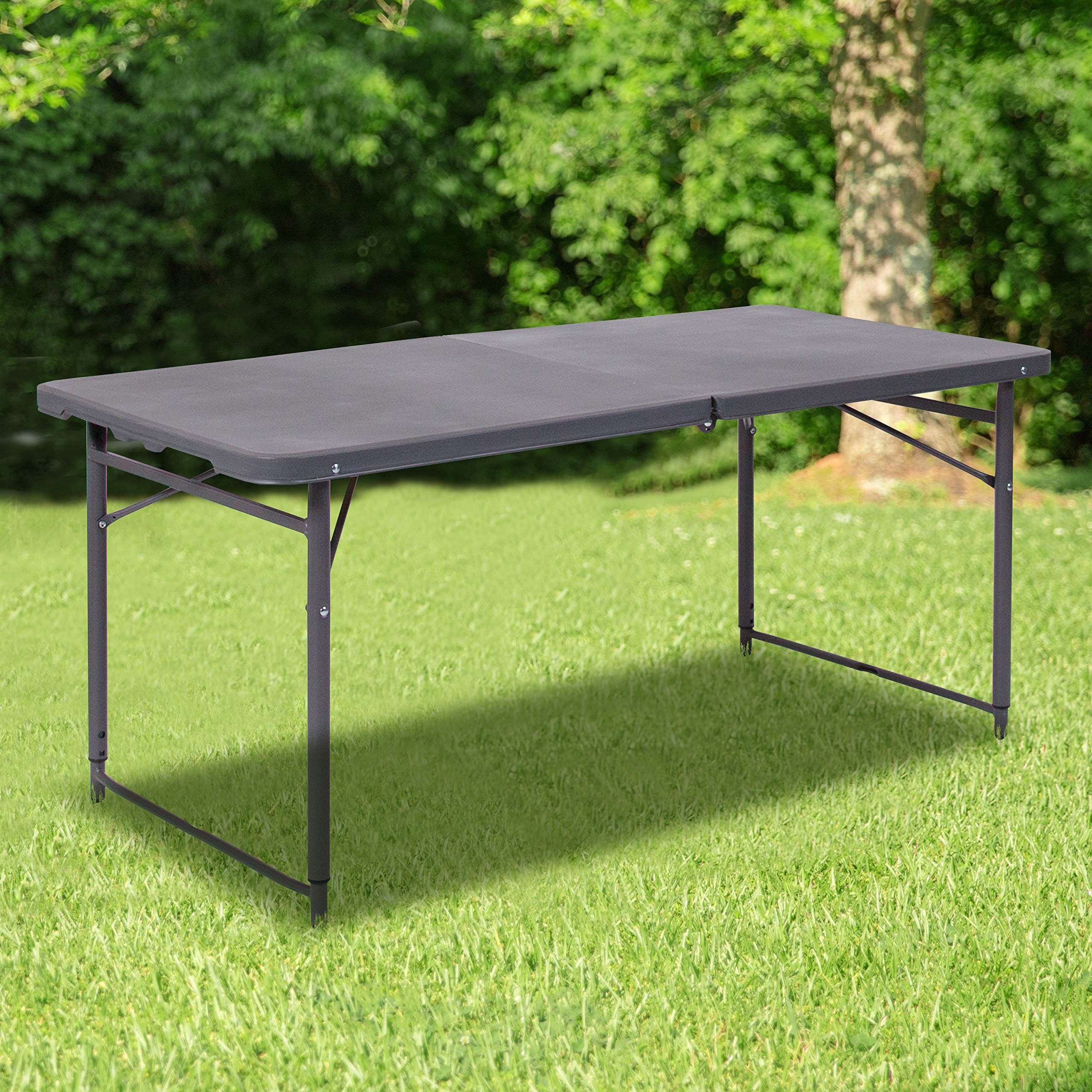 Flash Furniture Mills 4-Foot Height Adjustable Bi-Fold Dark Gray Plastic Folding Table With Carrying Handle