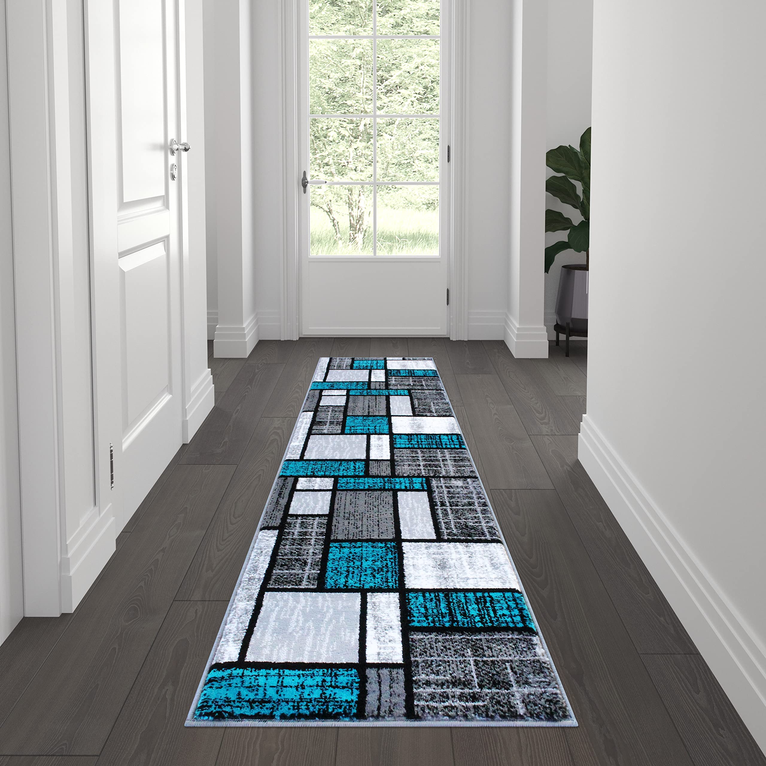 Flash Furniture Raven Collection Olefin Area Rug - Turquoise Color Bricked Pattern - 2' X 7' - Jute Backing - Entryway, Living Room, Bedroom