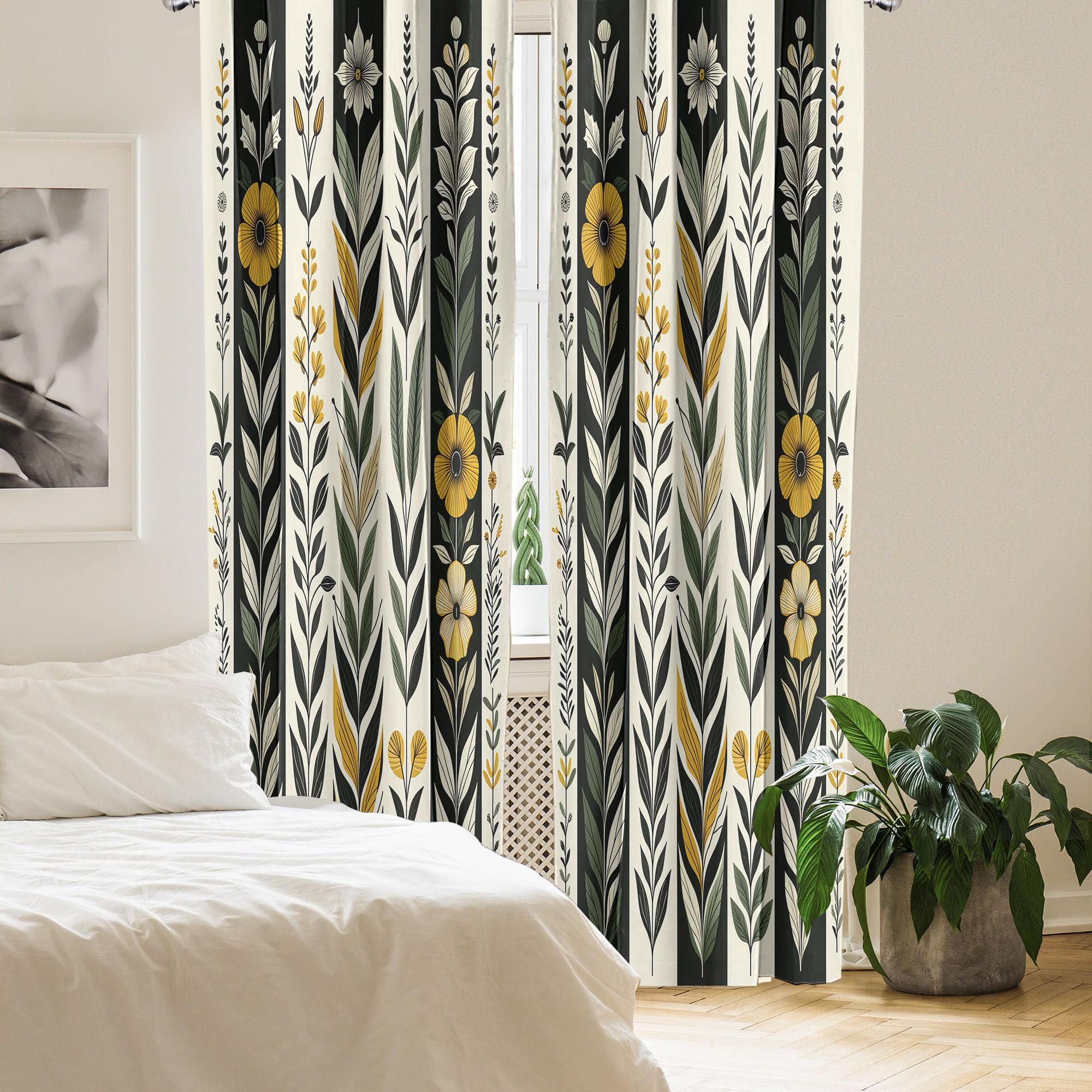 Ambesonne Nature Boho Window Curtains Pack Of 2, Urban Jungle Theme Dreamy Leaves And Flowery Petals And Stripes, Lightweight Se
