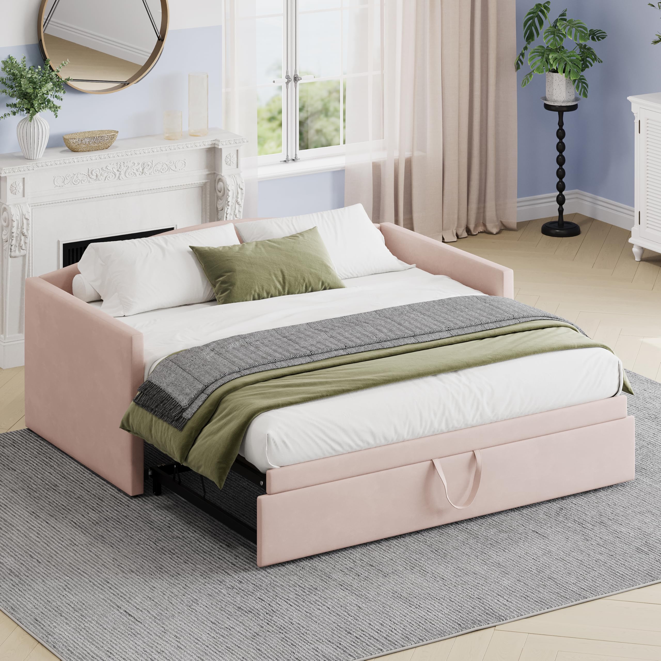Merax Twin Size Velvet Daybed with Extended Pop Up Trundle, Upholstered Sofa Bed Daybed, Space-Saving Twin to King Design for Gu