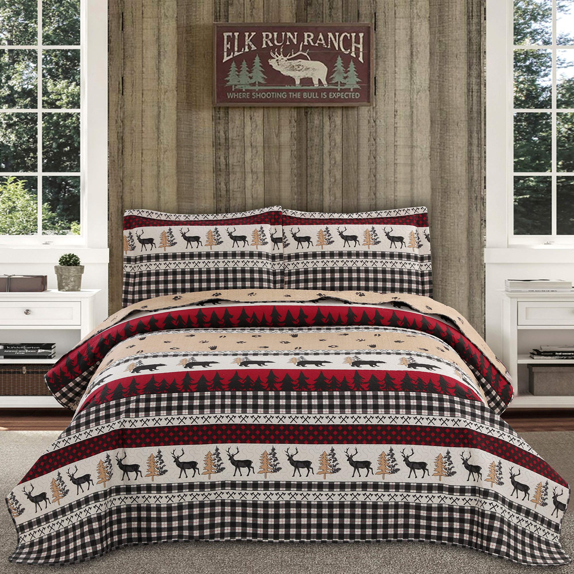 Rustic Quilt Bedding Set Queen Size Bedspread Coverlet Country Quilts Lodge Cabin Bedding Black White Buffalo Plaid Quilts Fores