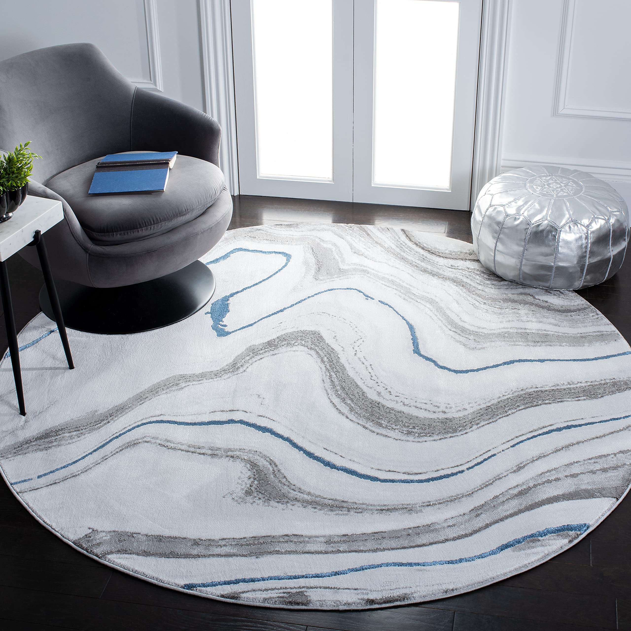 SAFAVIEH Craft Collection Area Rug - 9 Round, Grey & Blue, Modern Abstract Design, Ideal for High Traffic Areas in Living Room,