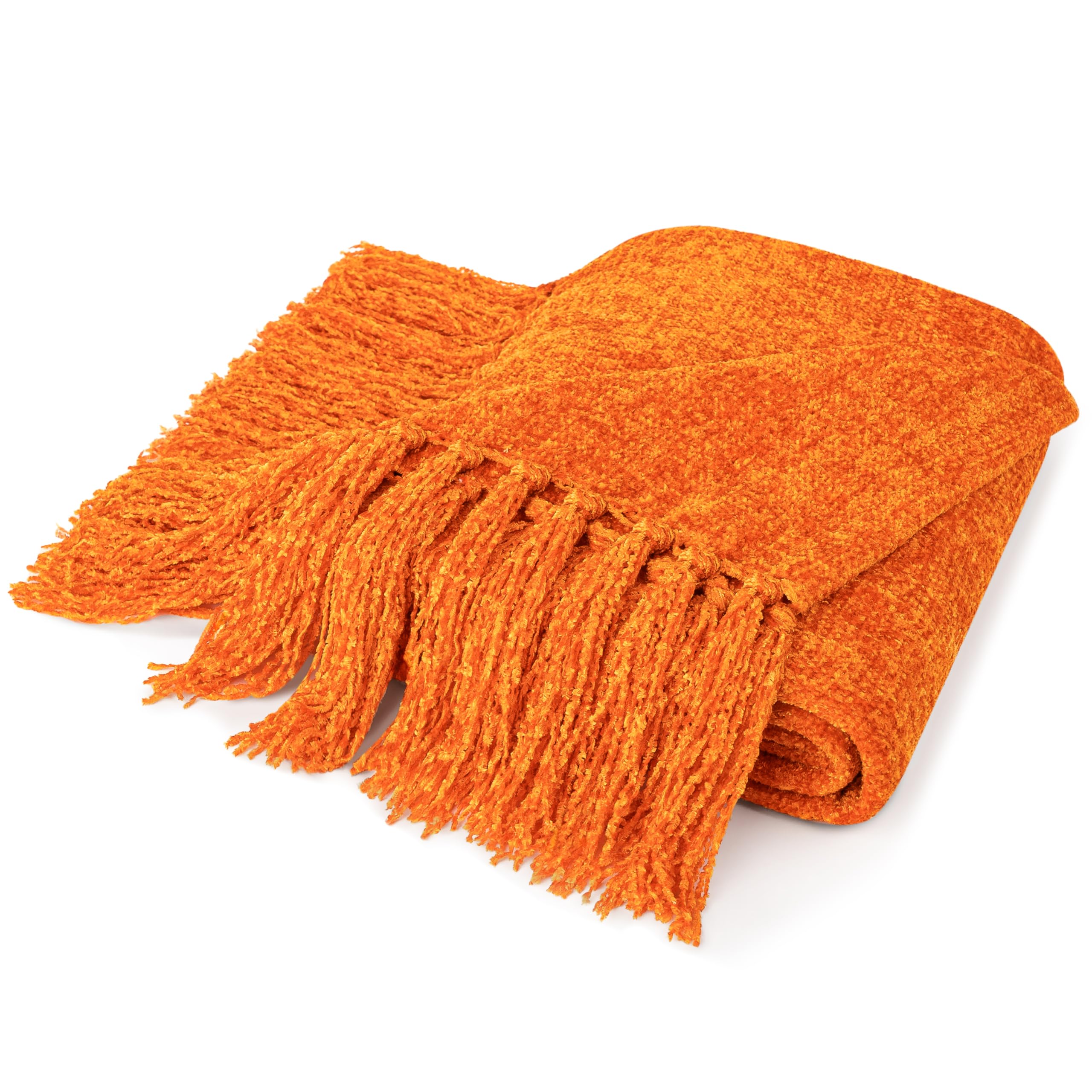 Pavilia Orange Throw Blanket For Couch, Twin Size Bed, Chenille Blanket For Sofa Bed, Soft Knit Woven Blanket With Tassel, Decor