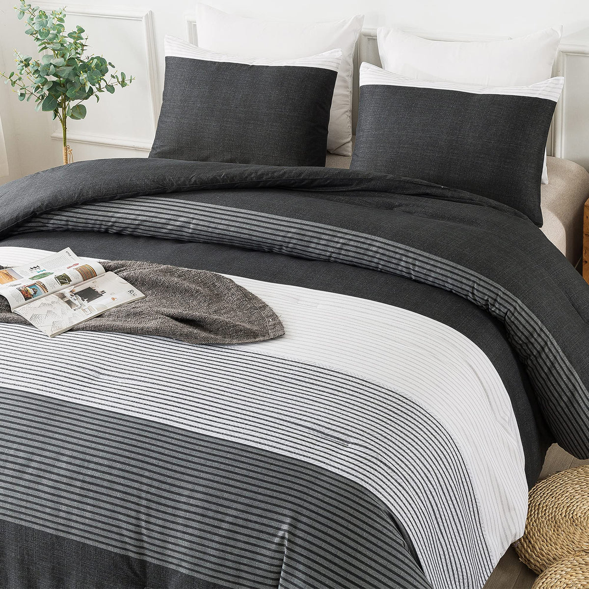 Andency Twin Comforter Set Black, 2 Pieces Black White And Gray Patchwork Striped Comforter(66X90 Inch), Soft Microfiber Down Al