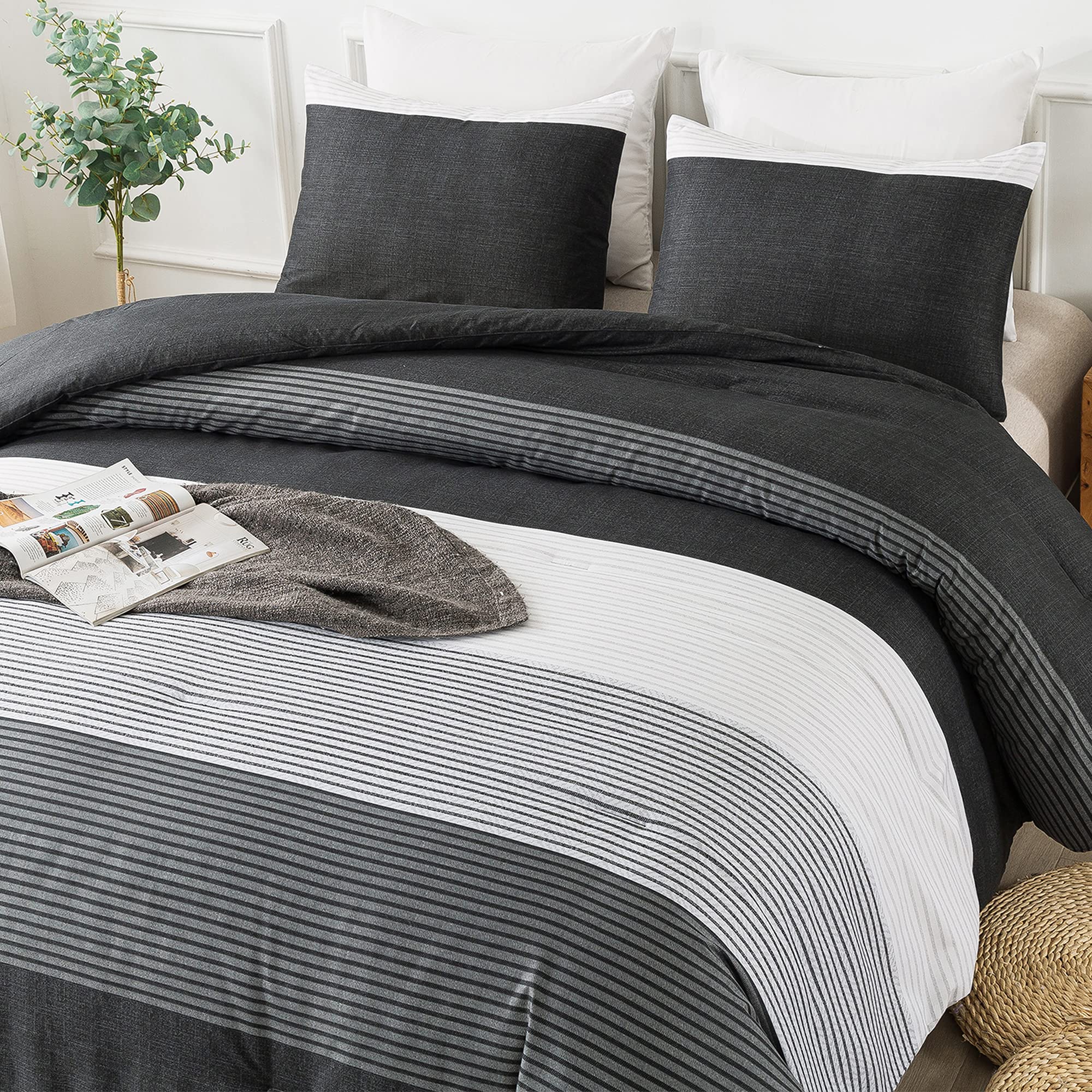 Andency Twin Comforter Set Black, 2 Pieces Black White And Gray Patchwork Striped Comforter(66X90 Inch), Soft Microfiber Down Al