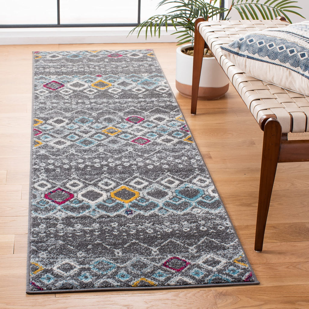 SAFAVIEH Amsterdam Collection Runner Rug - 2'3'' x 14', Dark Grey & Ivory, Moroccan Boho Design, Non-Shedding & Easy Care, Ideal