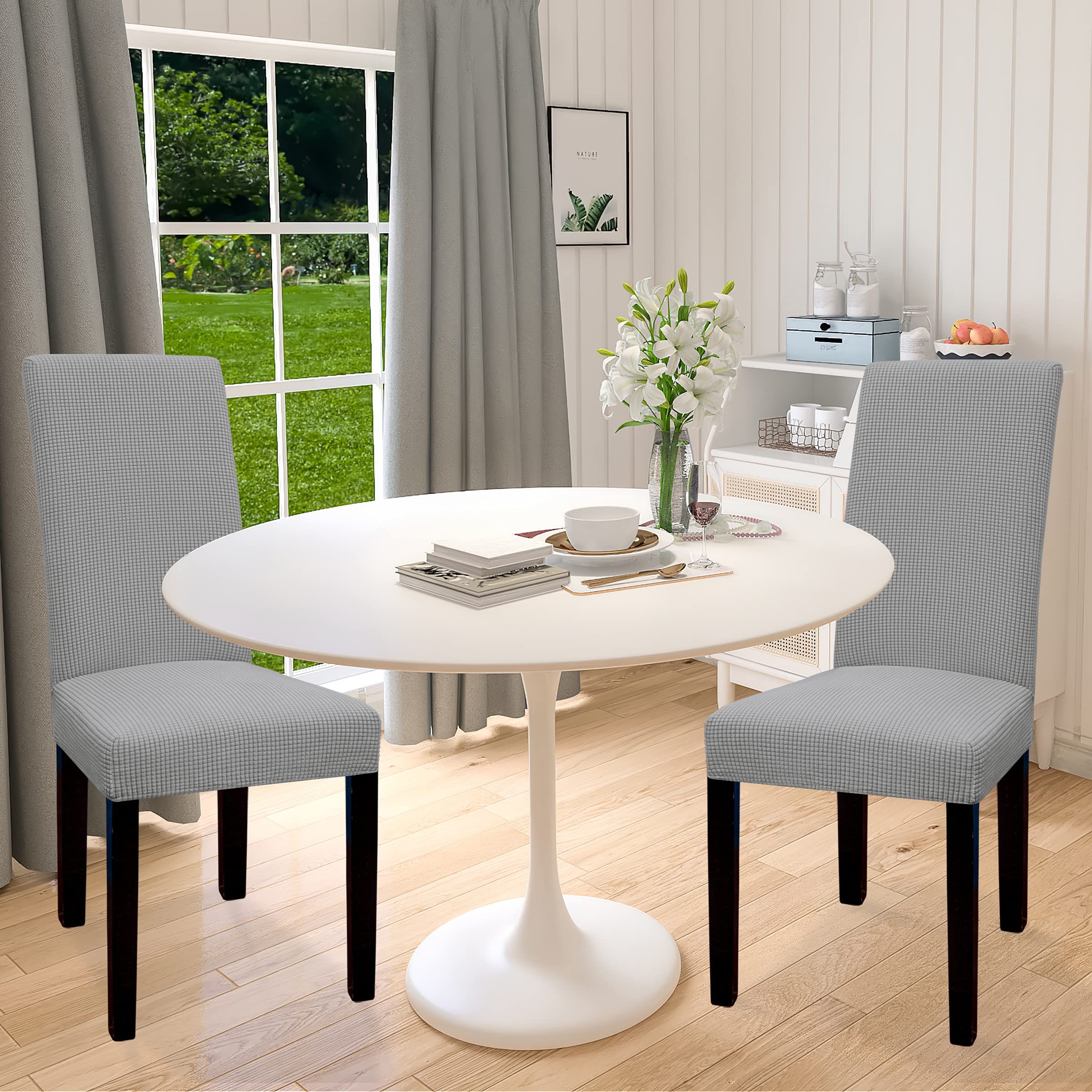 Easy-Going 100% Waterproof Dining Room Chair Cover Set Of 2, Stretch Jacquard Parson Chair Slipcover Removable Washable Chair Protector For Home, Restaurant, Banquet (Large, Light Gray)