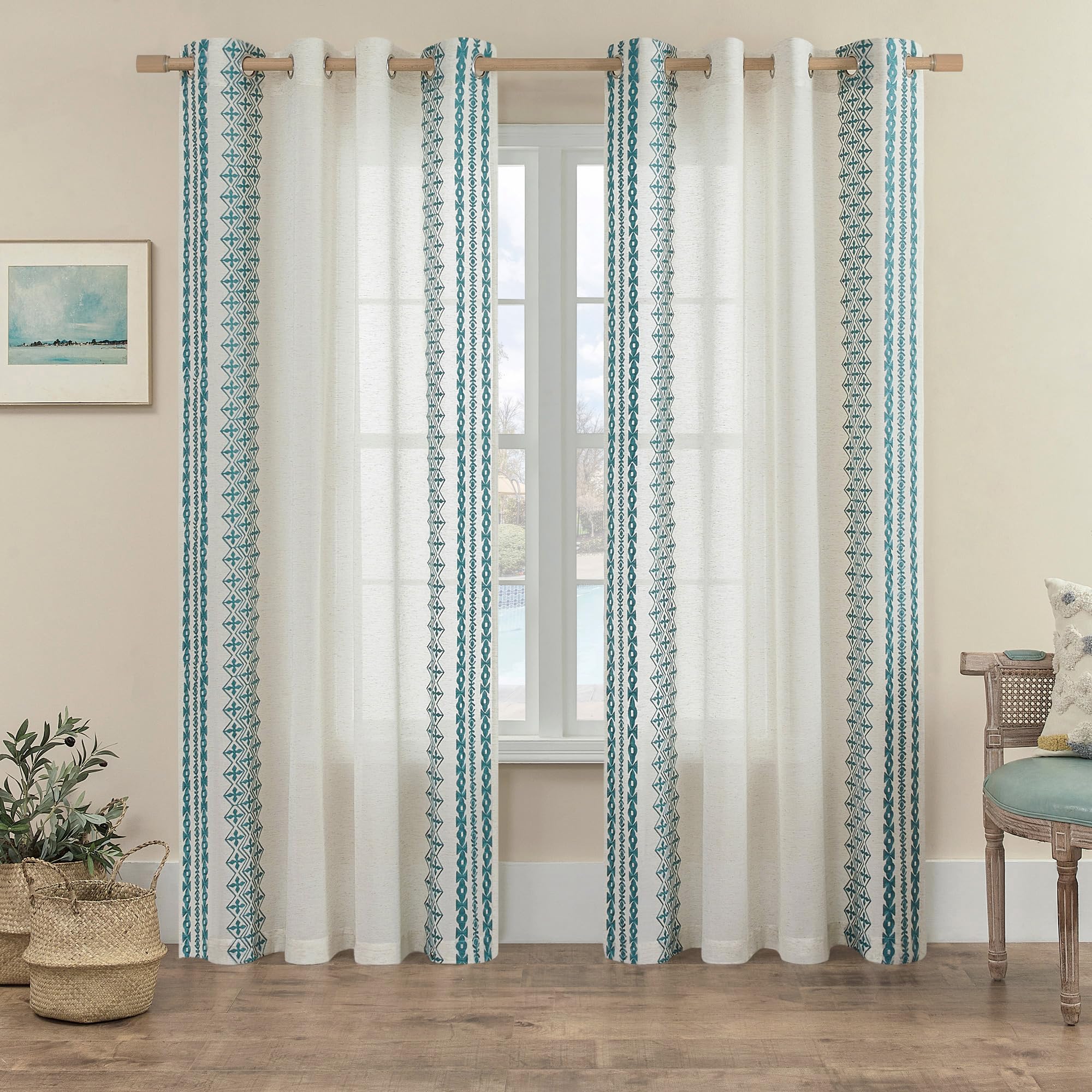 Natural Linen Curtains 72 Inches Long 2 Panels Set For Living Room Bedroom Grommet Vintage Flax Drapes Embroidery Retro Window C
