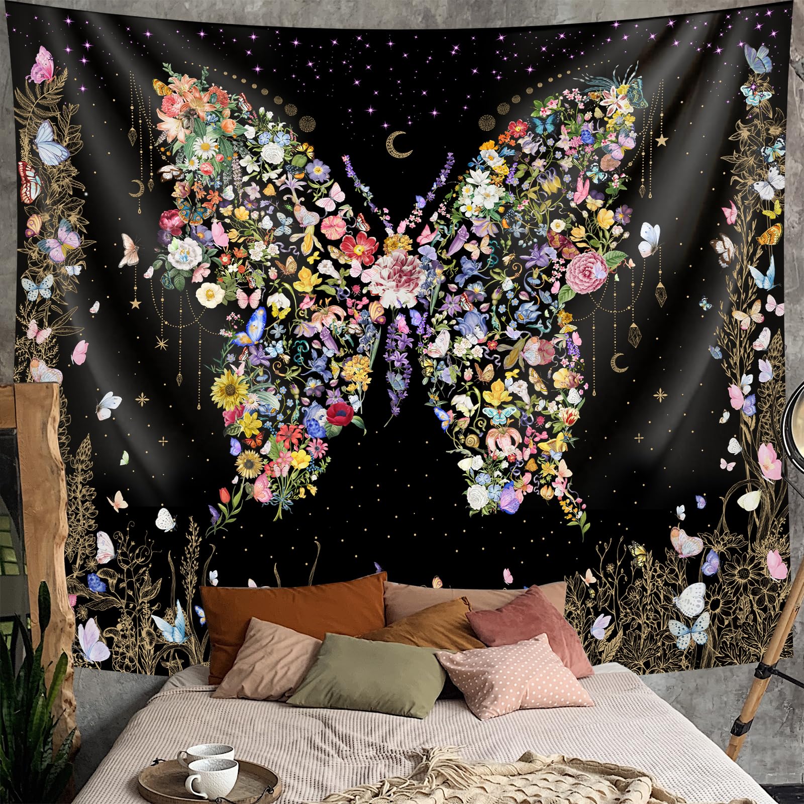 Damanse Butterfly Bohemian Tapestry-Flower Aesthetic Tapestry-Indian Wall Hanging Boho Tapestry-Small Floral Hippie Room Decor-T