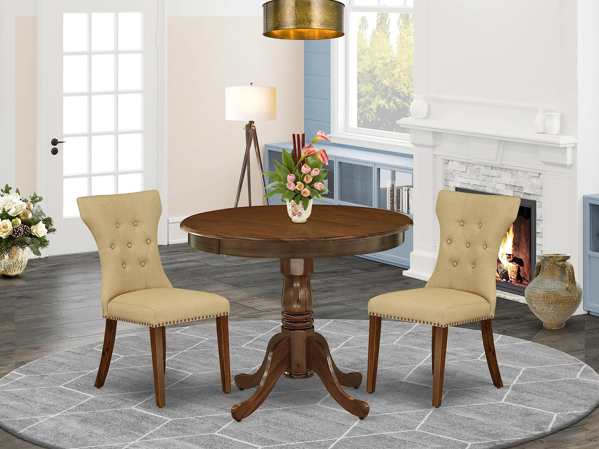 East West Furniture Anga3-Awa-03 3 Piece Dining Set Contains A Round Dining Room Table With Pedestal And 2 Upholstered Chairs, 36X36 Inch, Antique Walnut