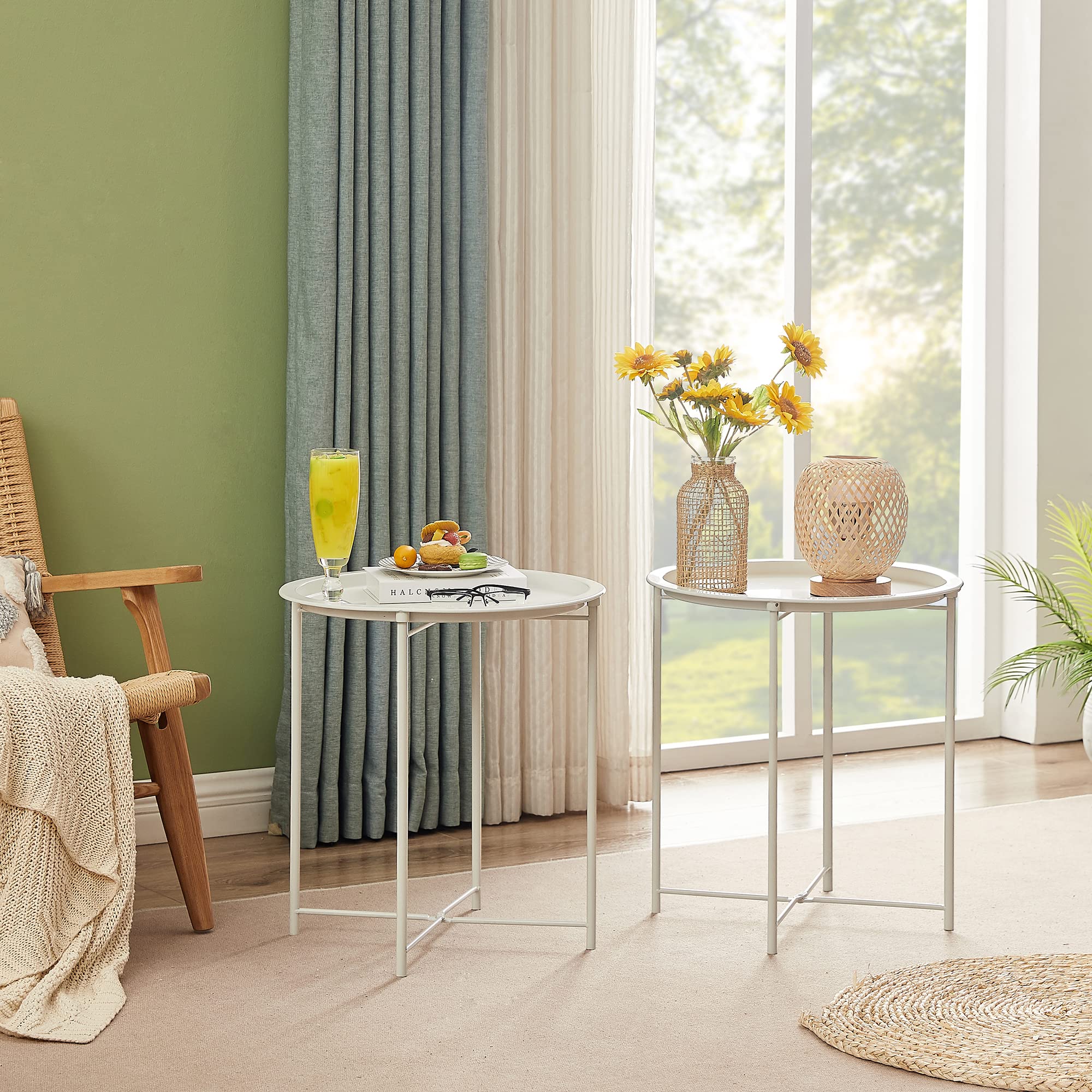 Vecelo Side/End Table, Folding Round Metal Anti-Rust And Waterproof Outdoor Or Indoor Tray For Living Room Bedroom Balcony And Office, 1 Pcs, Beige