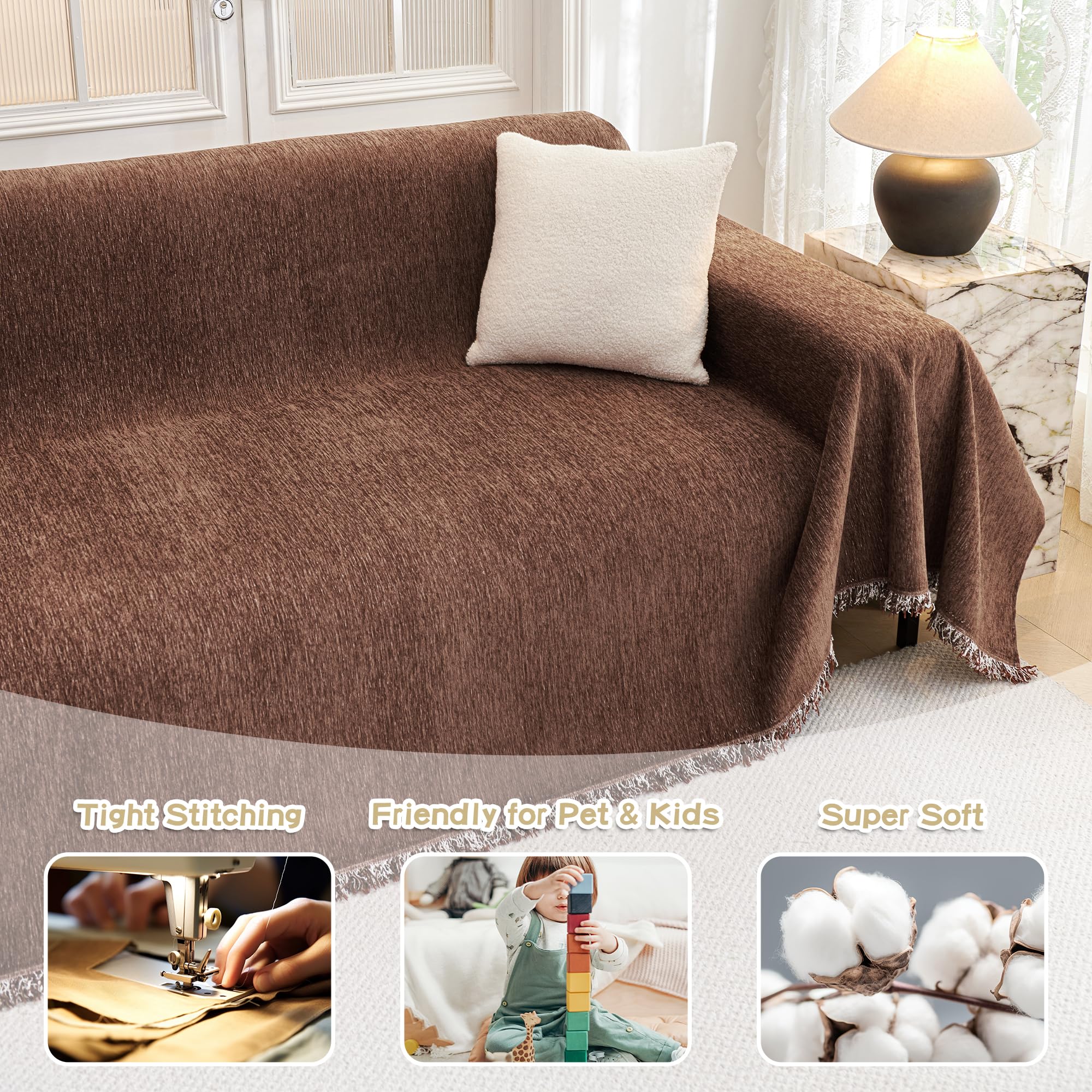 Mysky Home Chocolate Couch Cover Non Slip Dog Sectional Sofa Cover For 3 Cushion Couch Sofa Slipcover With Tassels Futon Cover N