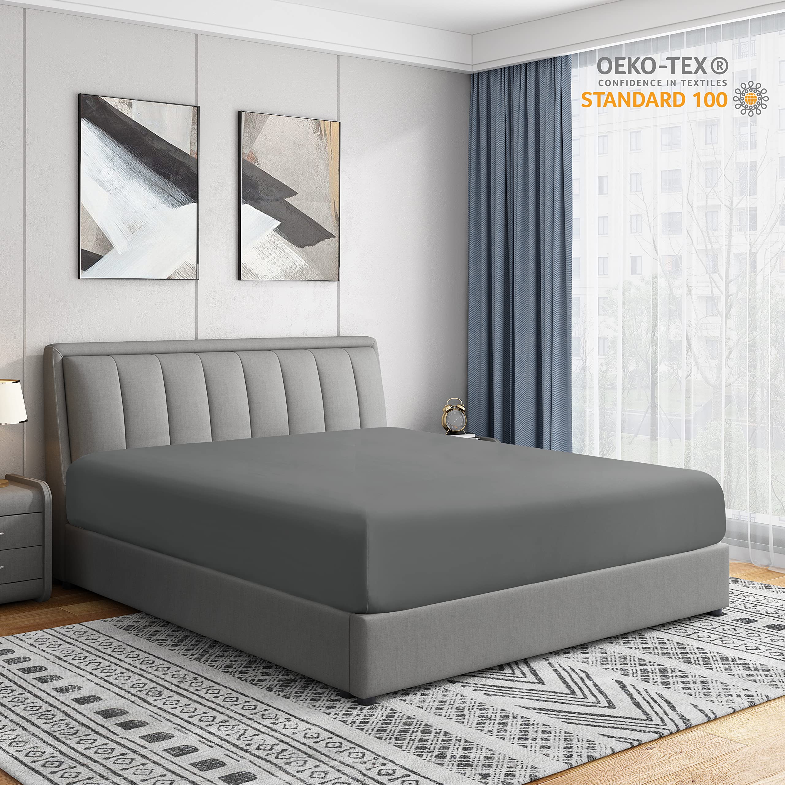 Cathay Home Twin Fitted Sheet - Double Brushed Ultra Soft – Wrinkle & Fade Resistant - 14' Standard Pocket Fitted Sheet Only - Good Fit For 12'-16' Deep Mattress (Twin, Gray)
