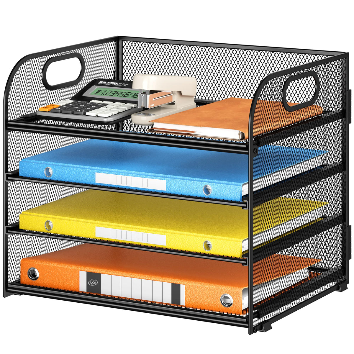 Lavatino Paper Organizer For Desk, 4-Tier Desk Organizer Tray, Mesh Desktop File Organizers With Handle, Office Classroom Organi