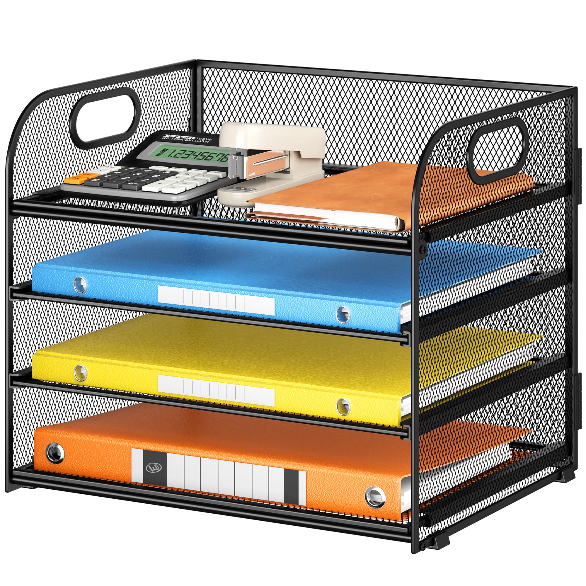Lavatino Paper Organizer For Desk, 4-Tier Desk Organizer Tray, Mesh Desktop File Organizers With Handle, Office Classroom Organi