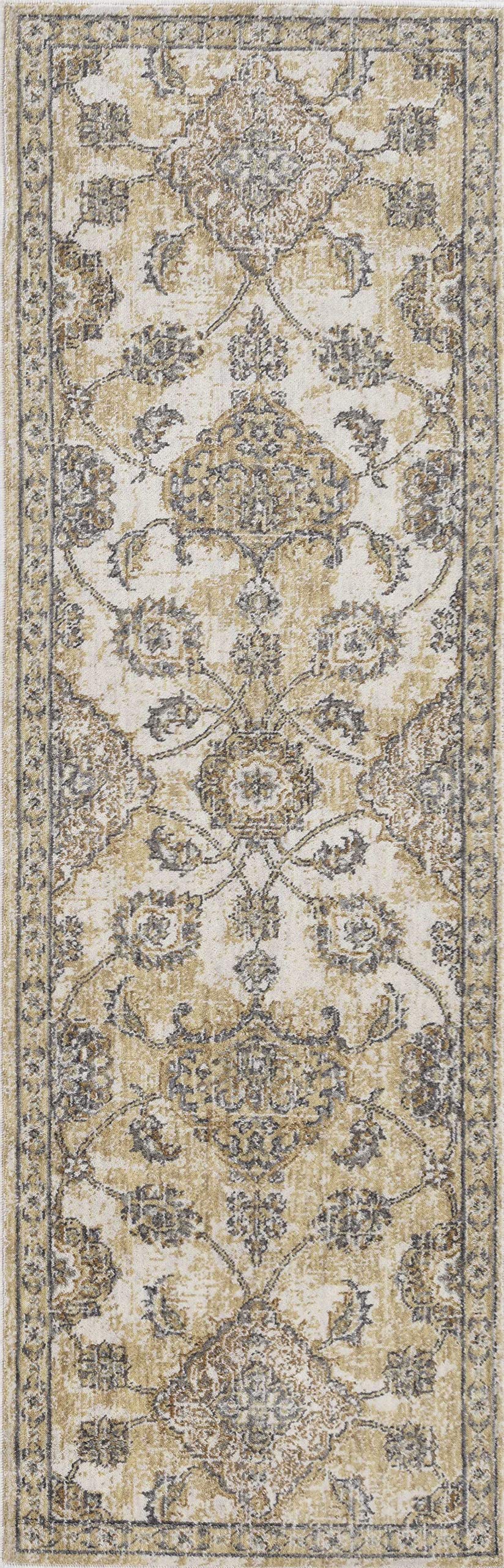 HomeRoots 8'X11' Ivory Sand Machine Woven Bordered Floral Vines Indoor Area Rug