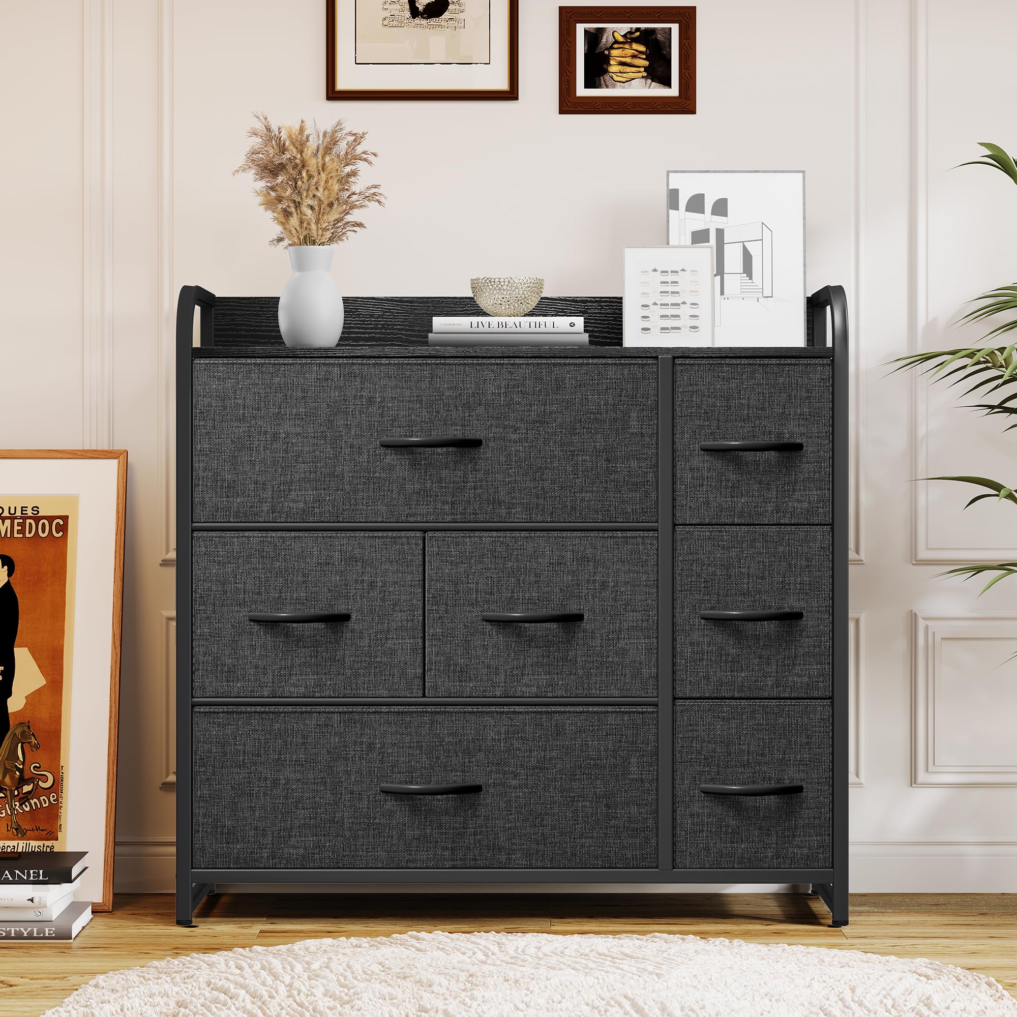 Yitahome Fabric Dresser With 7 Drawers - Storage Tower With Large Capacity, Organizer Unit For Living Room - Sturdy Steel Frame, Easy Pull Fabric Bins & Wooden Top (Black/Grey)