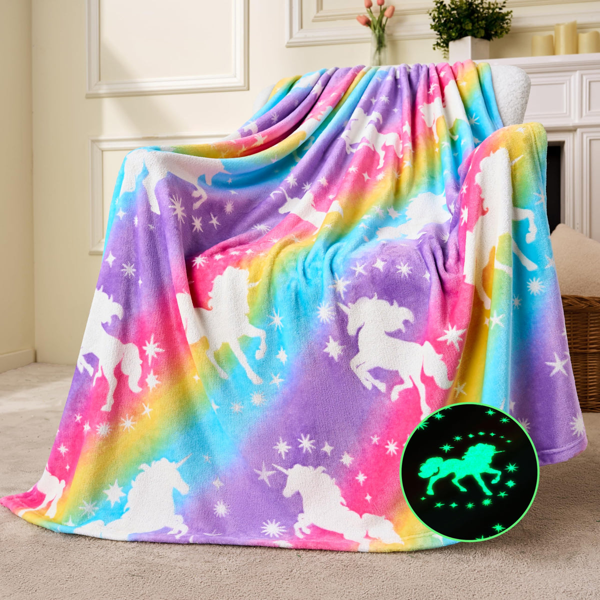 Joiedomi Glow In The Dark Blanket - Pink Unicorn Gifts For Girls Age 2 3 4 5 6 7 8 9 10 11 12 Year Old - Soft Cozy Flannel Kids